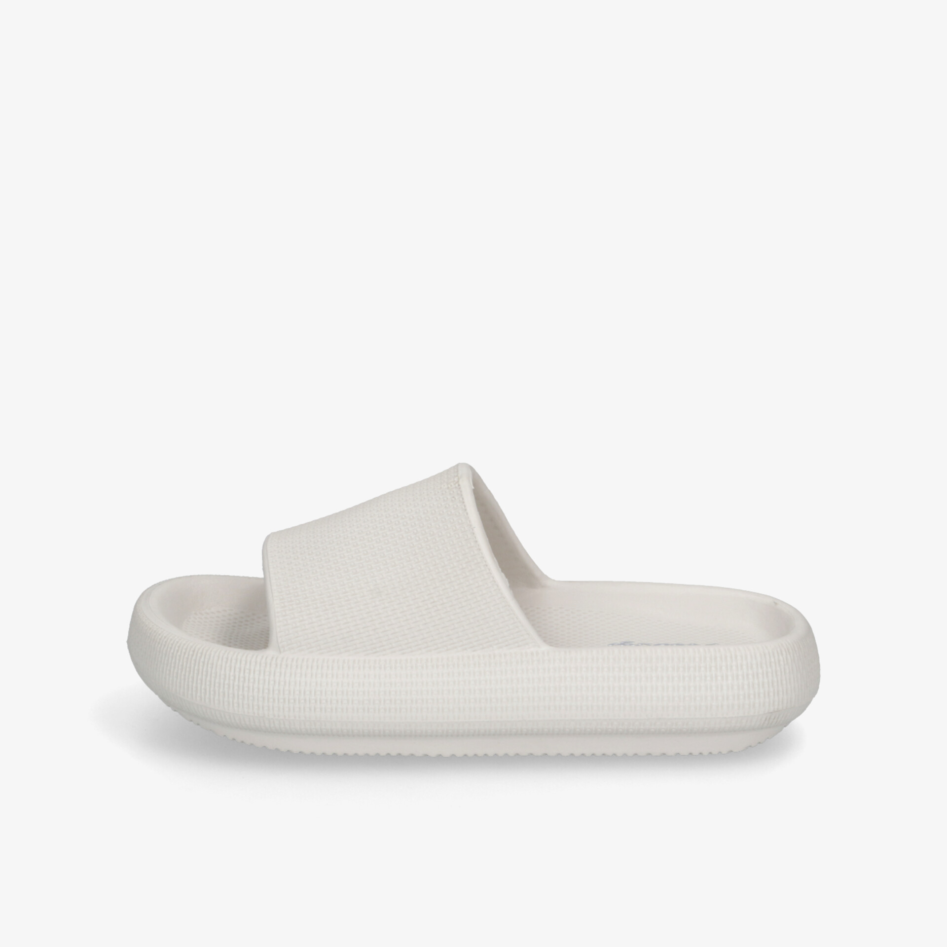 Leichter weißer Slide Schlappen mit gepolsterter, rutschfester Sohle und breitem Komfortriemen seitlich