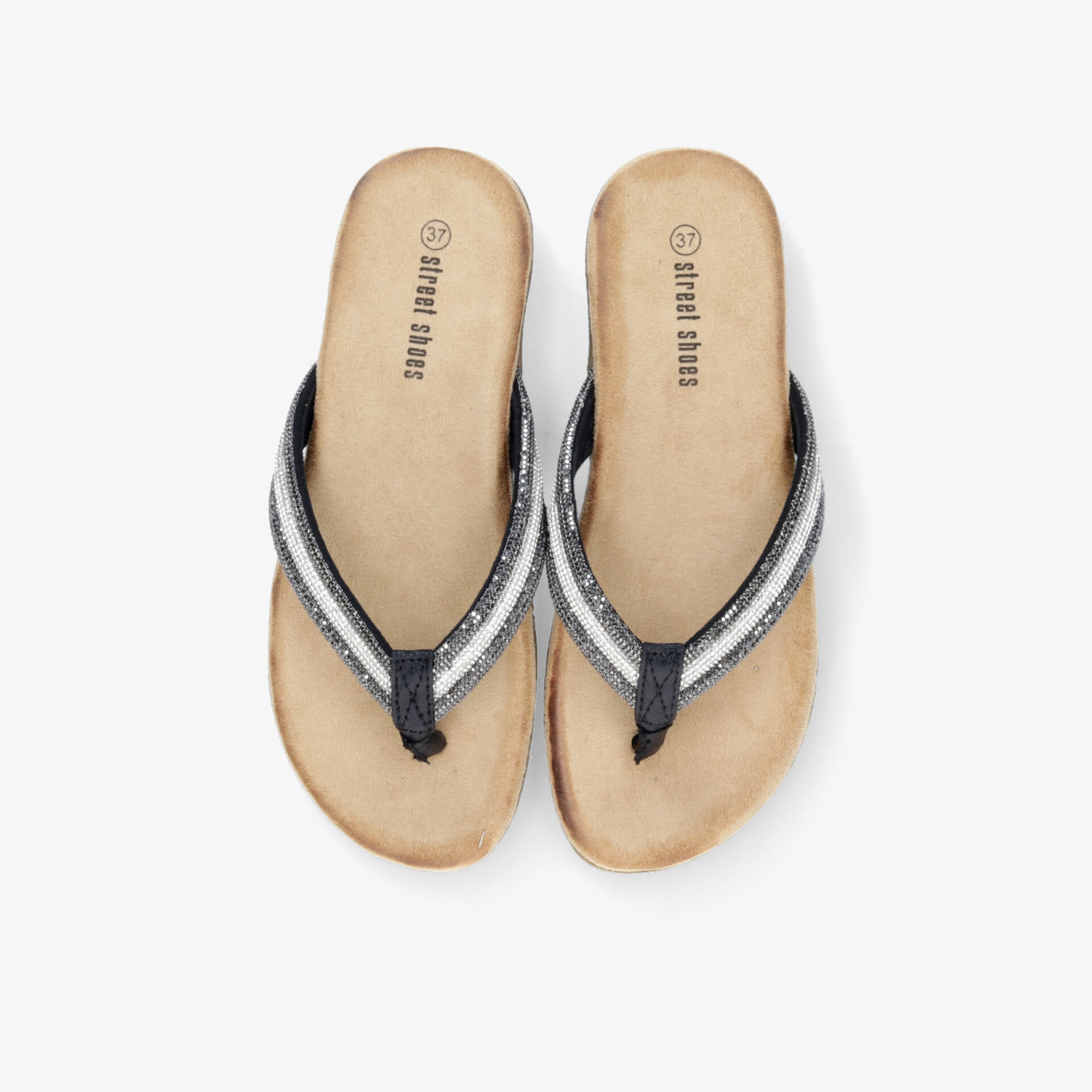 Leichte bequeme Flipflops mit weicher Sohle und modischem silbernen Riemen, Draufsicht von oben