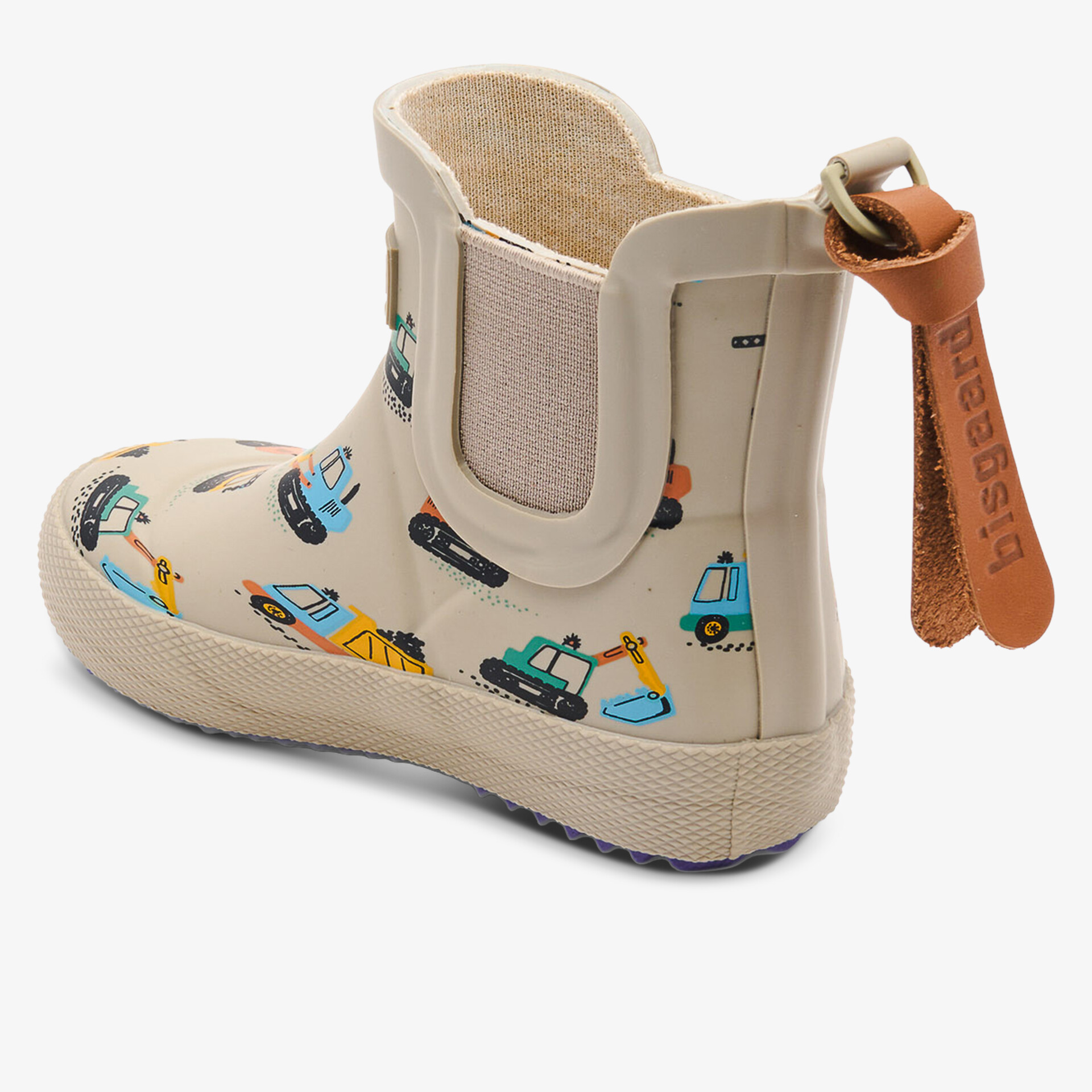 Beiger Gummistiefel mit bunten Mustern und praktischer Ziehschlaufe seitlich