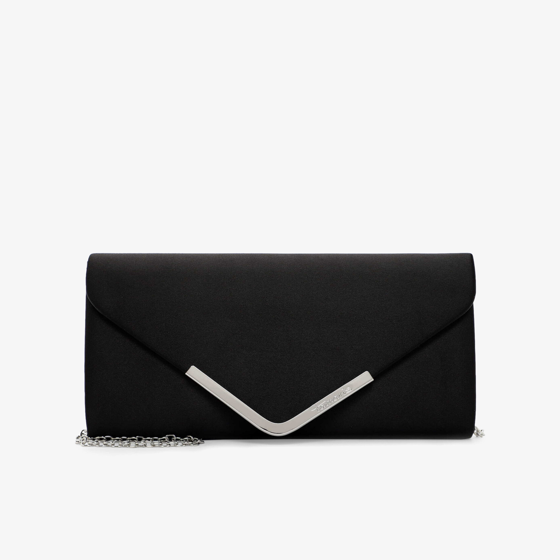 Elegante schwarze Clutch mit Metallakzent und Kettenriemen, perfekt für besondere Anlässe und stilvolle Events.