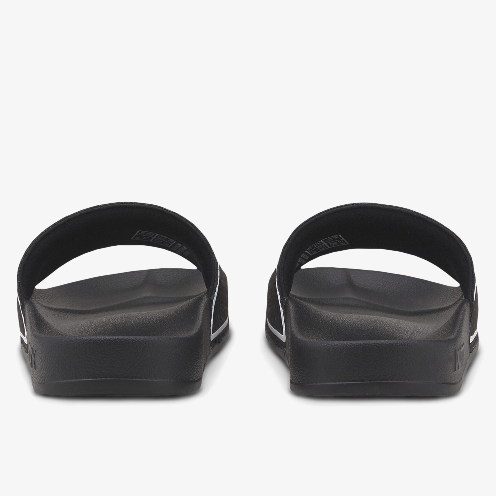 Rückansicht von zwei schwarzen Sandalen mit ergonomischem Fußbett und rutschfester Sohle