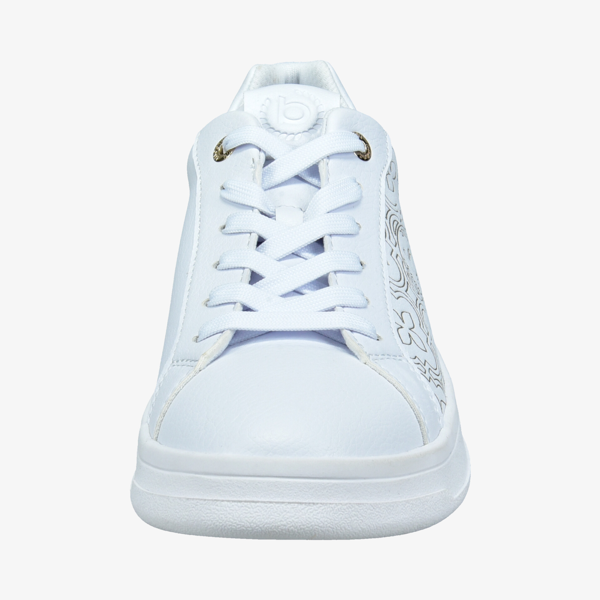 Weißer Sneaker in Frontansicht mit schnürsenkeln, modernem Design und komfortabler Passform