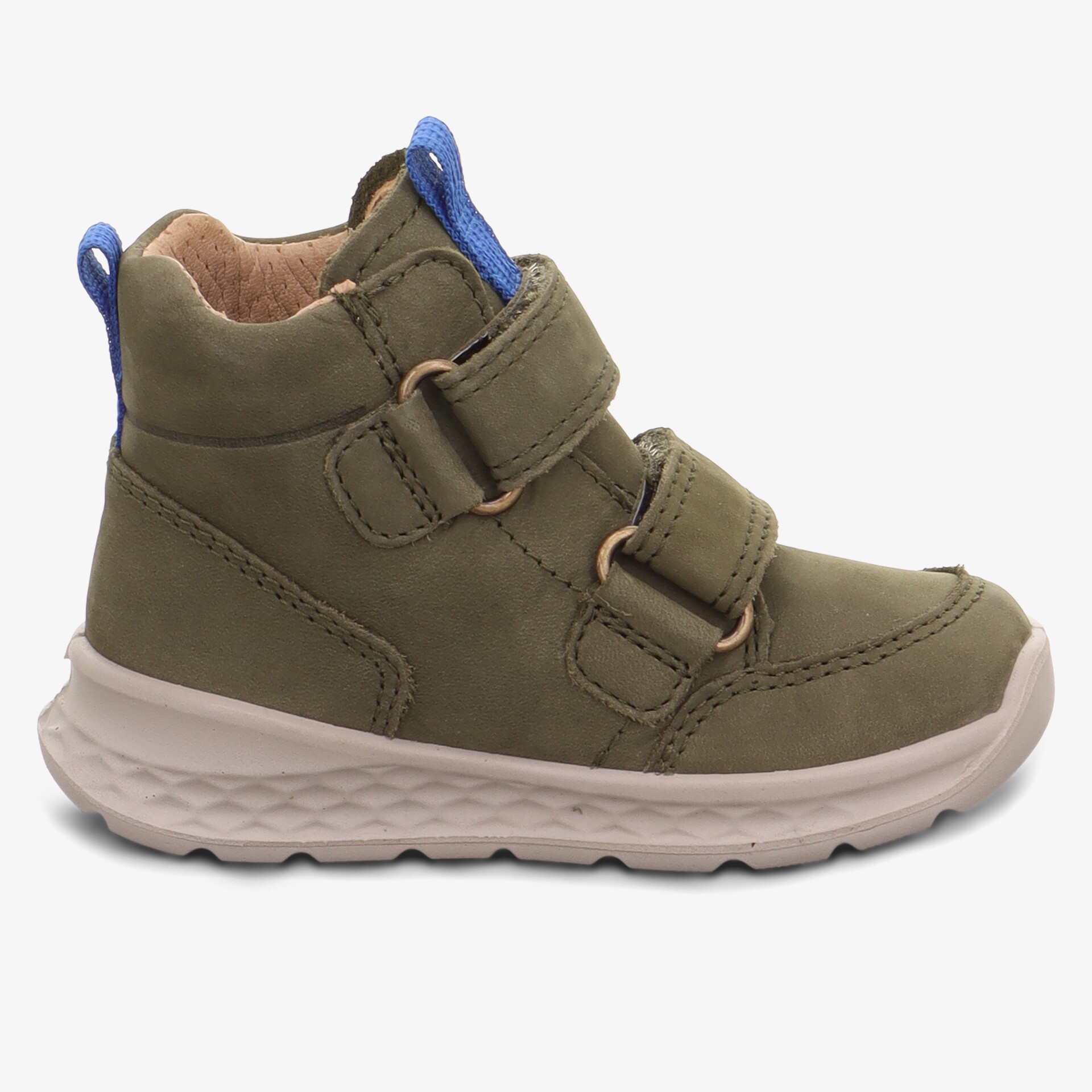 Robuster Kinderstiefel in khakigrün mit verstellbaren Klettverschlüssen und rutschfester Sohle