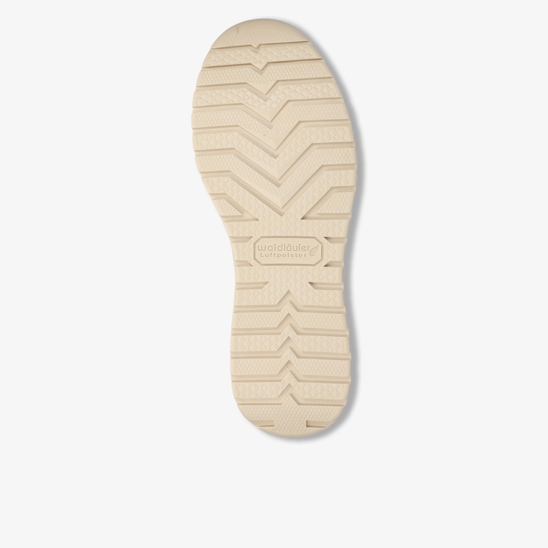 Detailaufnahme der rutschfesten profilierten Schuhsohle in hellem Beige für stabilen Halt