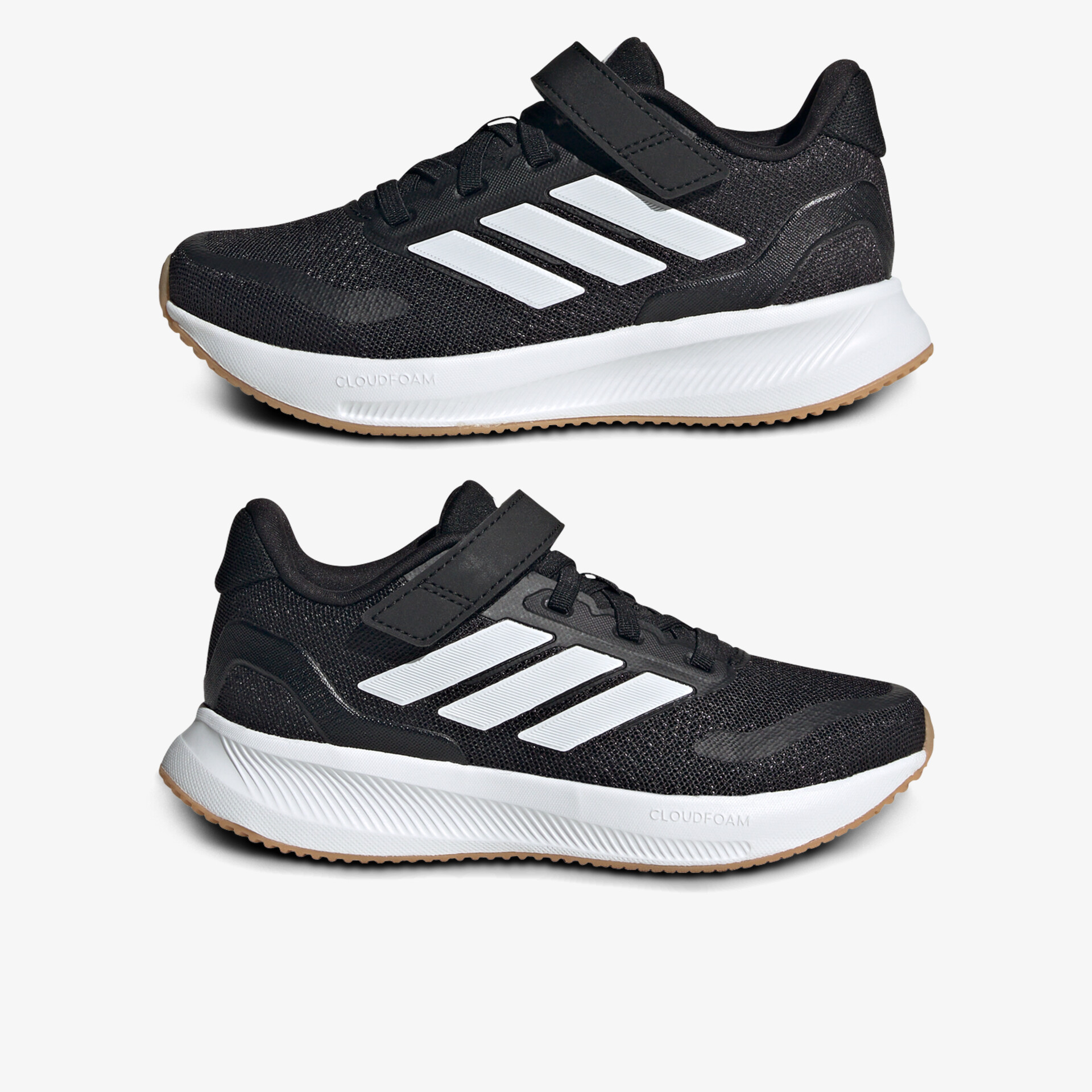 Schwarze Sportschuhe mit weißer Sohle und drei weißen Streifen, leicht und bequem für vielseitige Aktivitäten