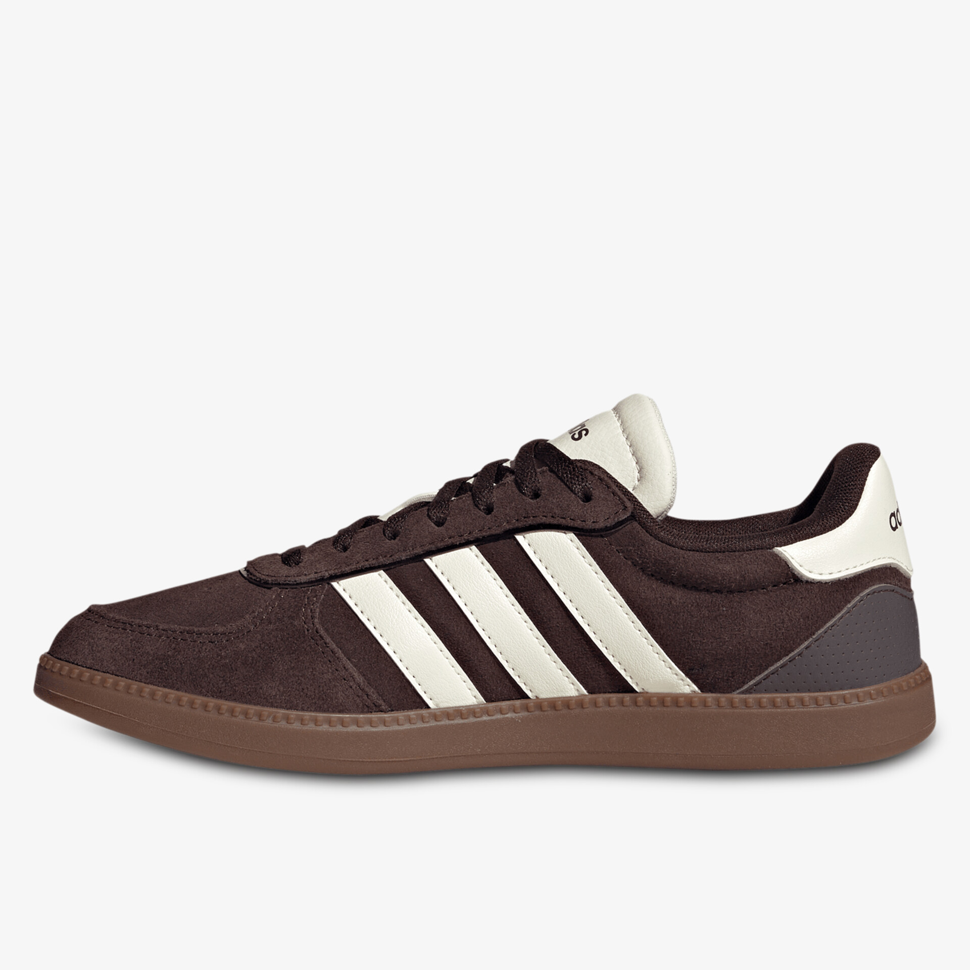 Seitenansicht eines klassischen Sneaker mit bequemer Passform und markanten Streifen in dunkler Farbe
