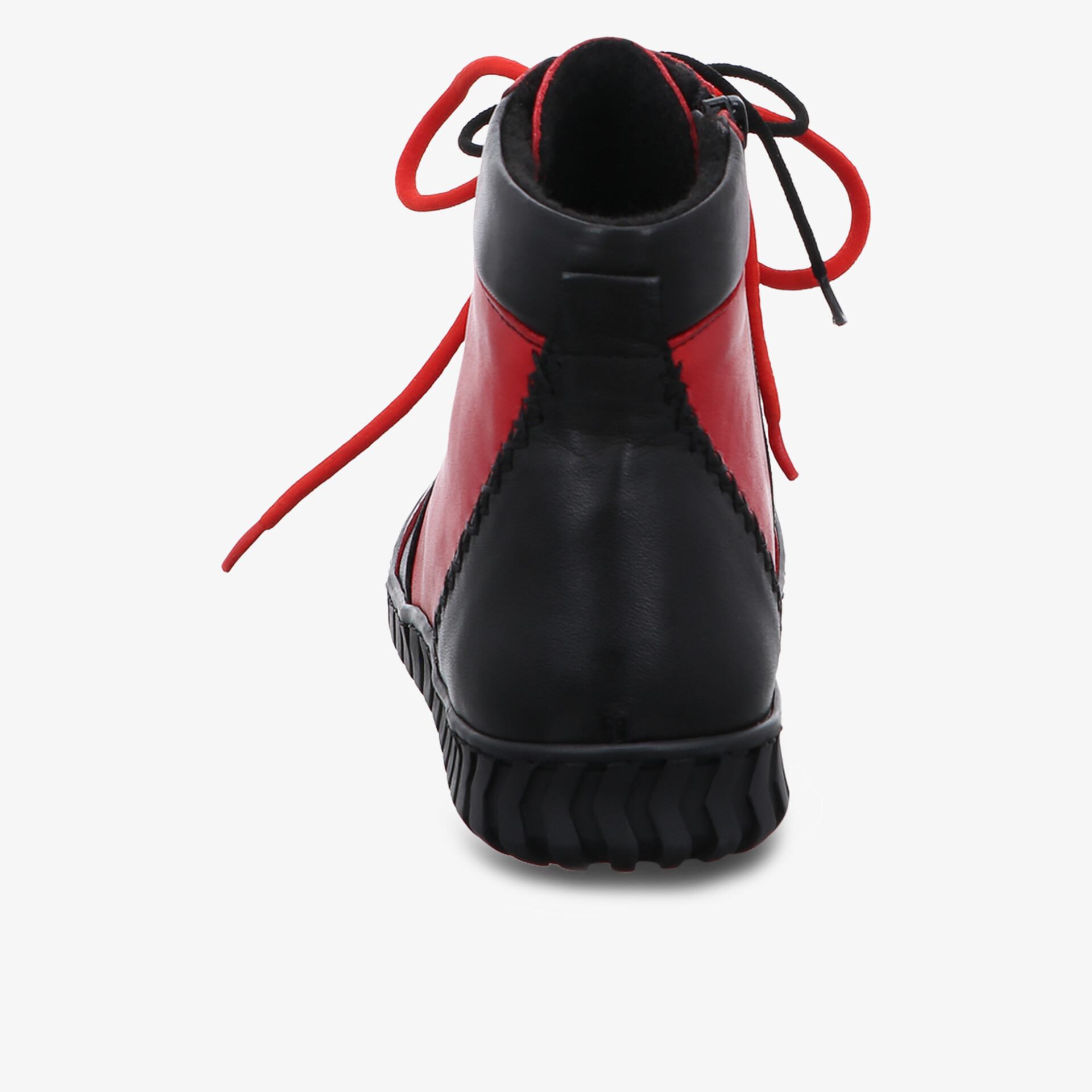 Hochwertiger robuster Schuh mit farblich kontrastierendem Schaft und stabiler Sohle, Rückansicht