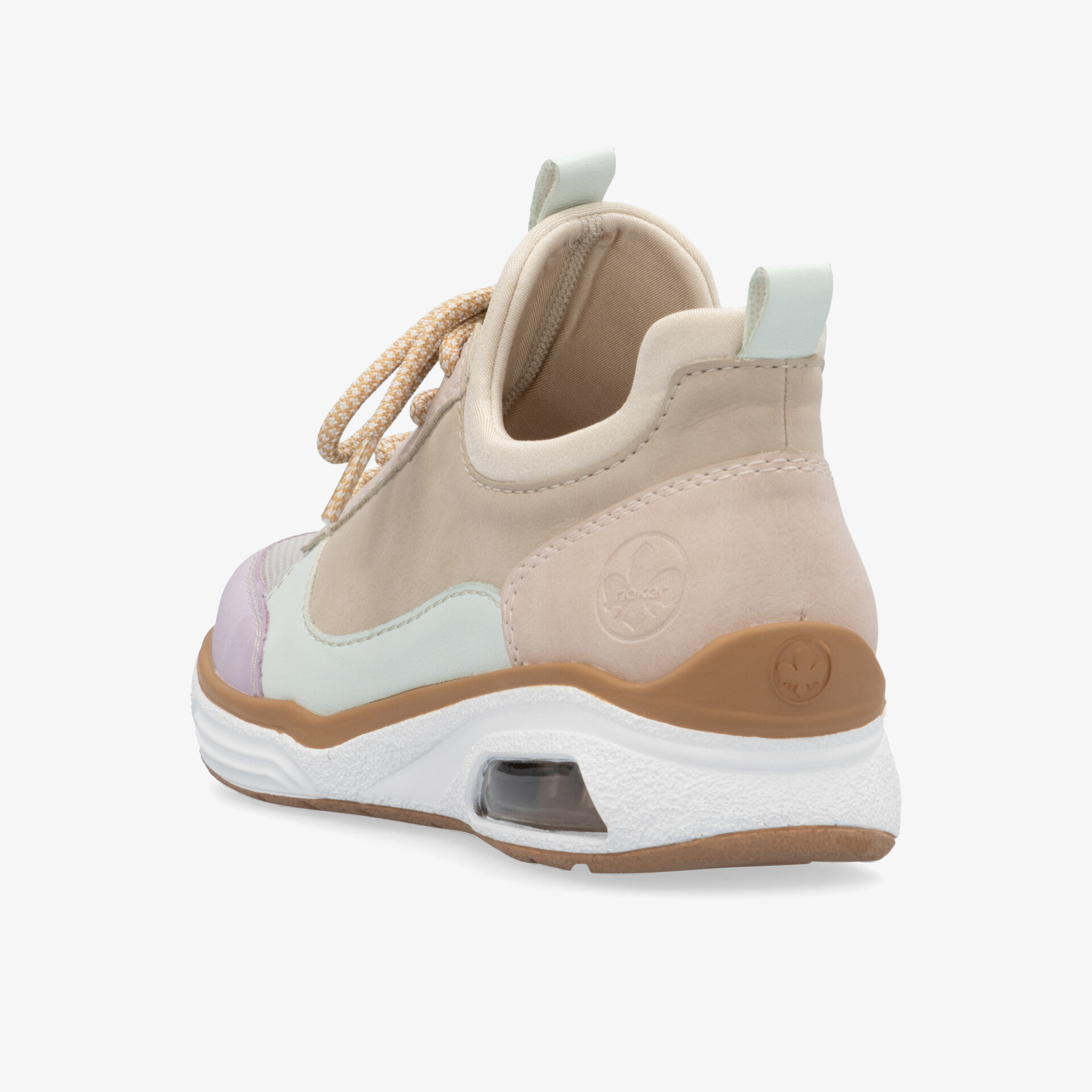 Beiger Sneaker in seitlicher Ansicht mit luftiger Struktur und stoßdämpfender Sohle für hohen Tragekomfort