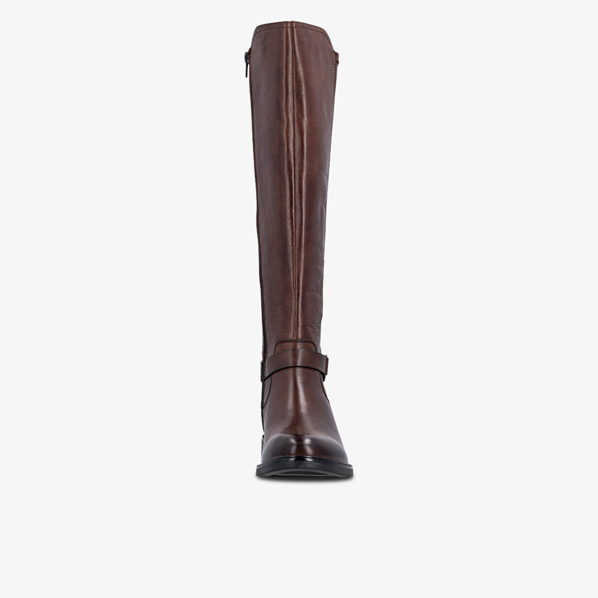 Eleganter knielanger brauner Lederstiefel mit hohem Schaft und klassischem Design, Frontansicht