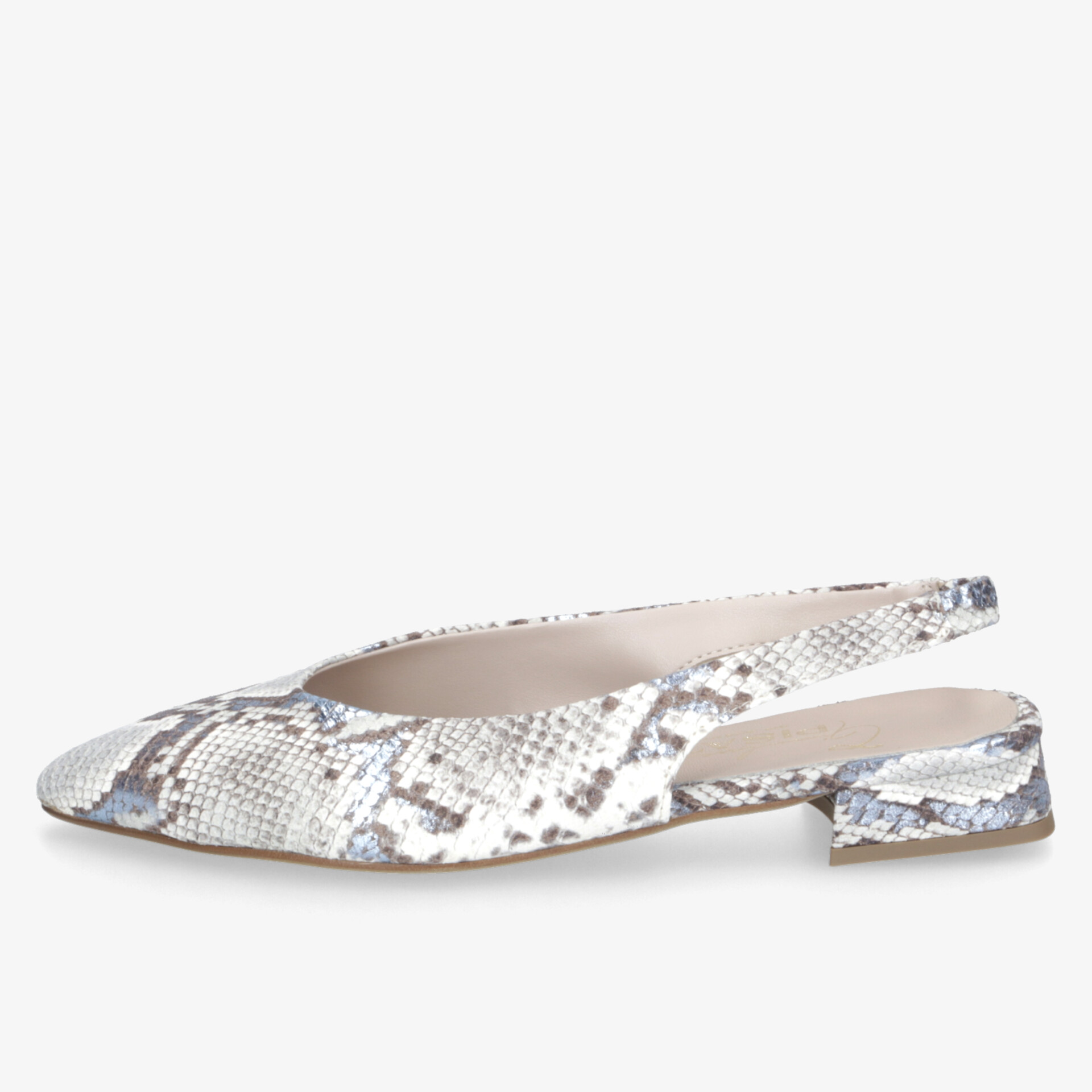 Flacher Schuh mit modernem Schlangenledermuster, slingback und bequemem, niedrigem Absatz, raffinierte Spitze