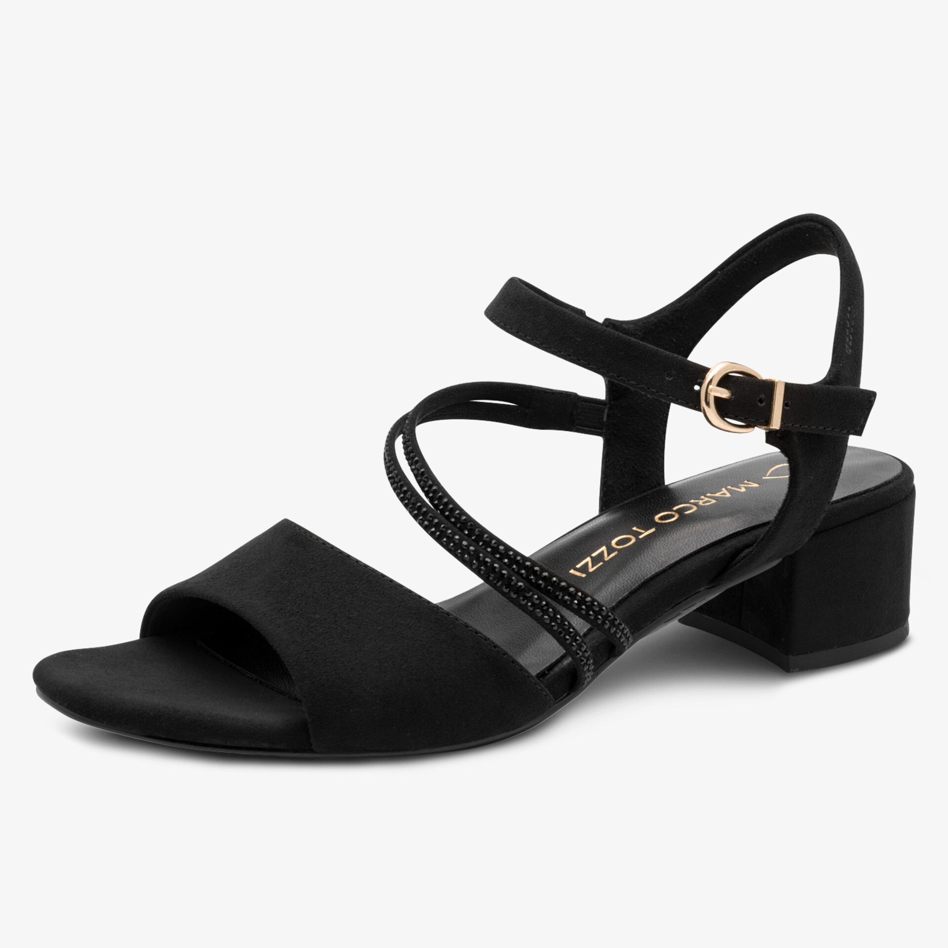 Elegante schwarze Riemchensandalette mit mittelhohem Blockabsatz und verstellbarem Knöchelriemen für hohen Tragekomfort
