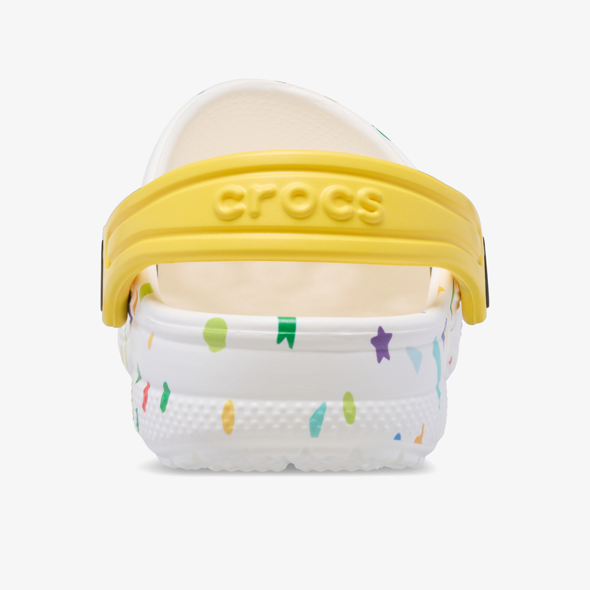 Rückansicht eines bequemen, leichten Schuhs mit buntem Muster und verstellbarem gelbem Riemen