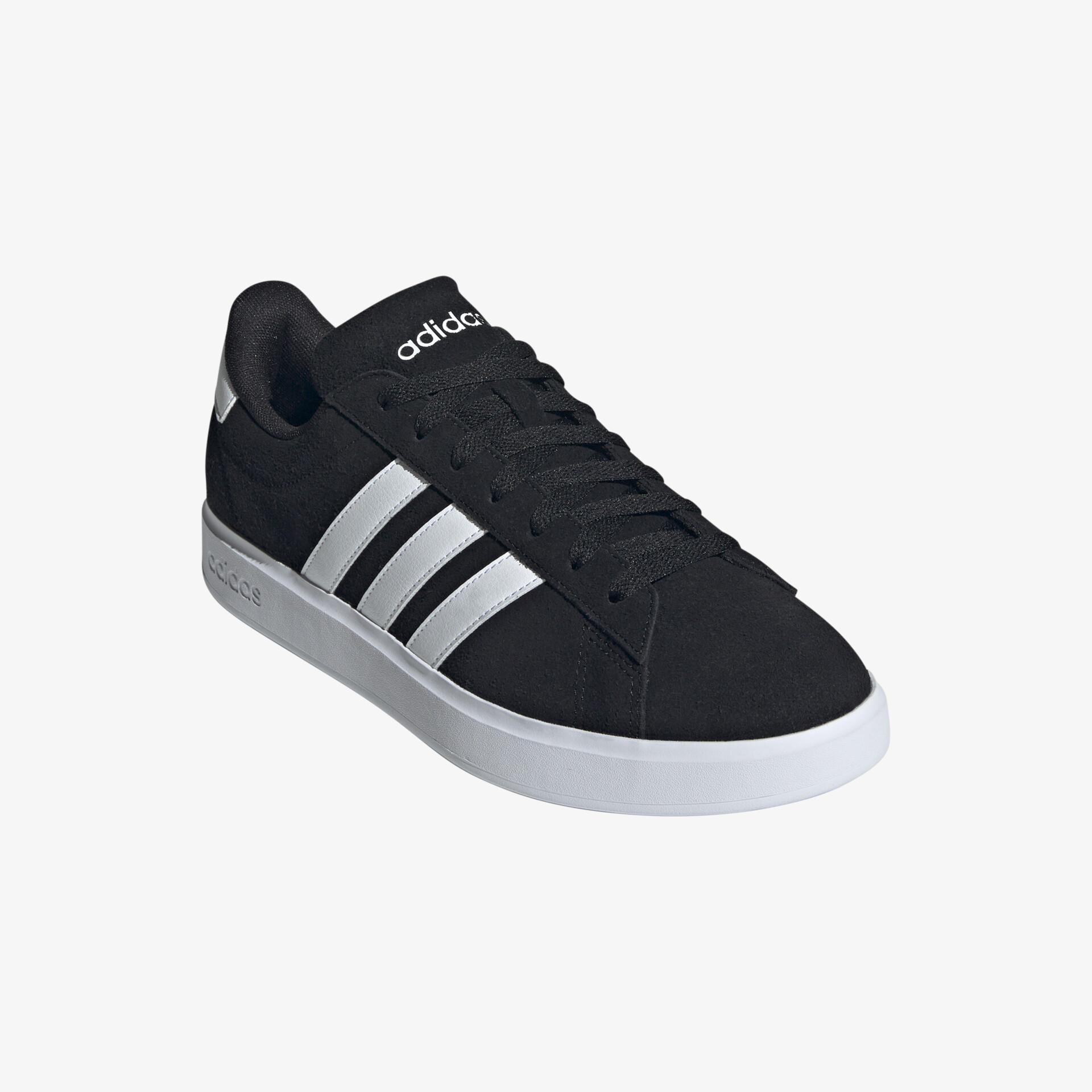 Schwarze Sneaker mit markanten weißen Streifen und komfortabler Polsterung für einen sportlichen Look.