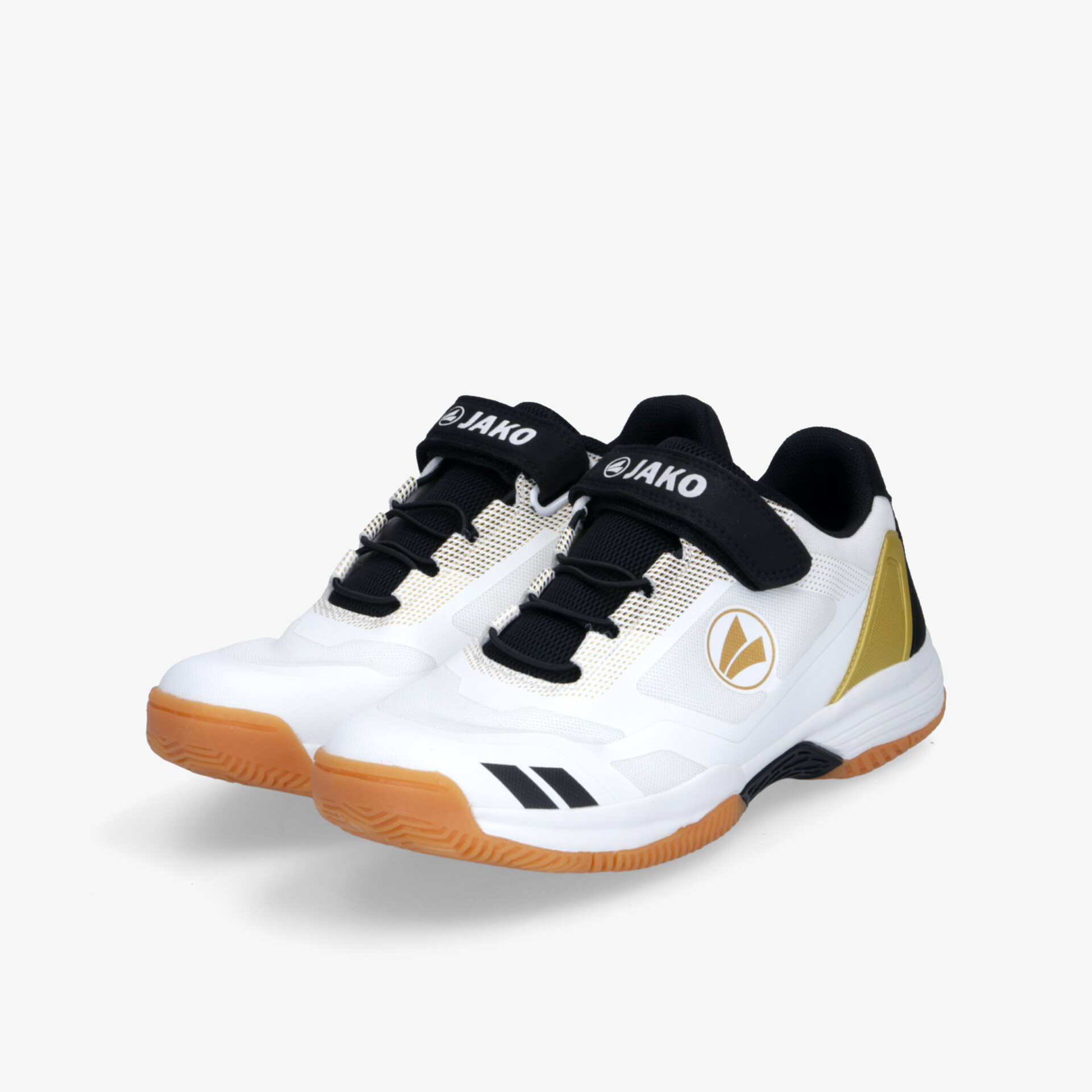 Weiße Sportschuhe mit goldenen Akzenten, robuster Gummisohle und bequemem Verschluss für optimalen Halt und Komfort