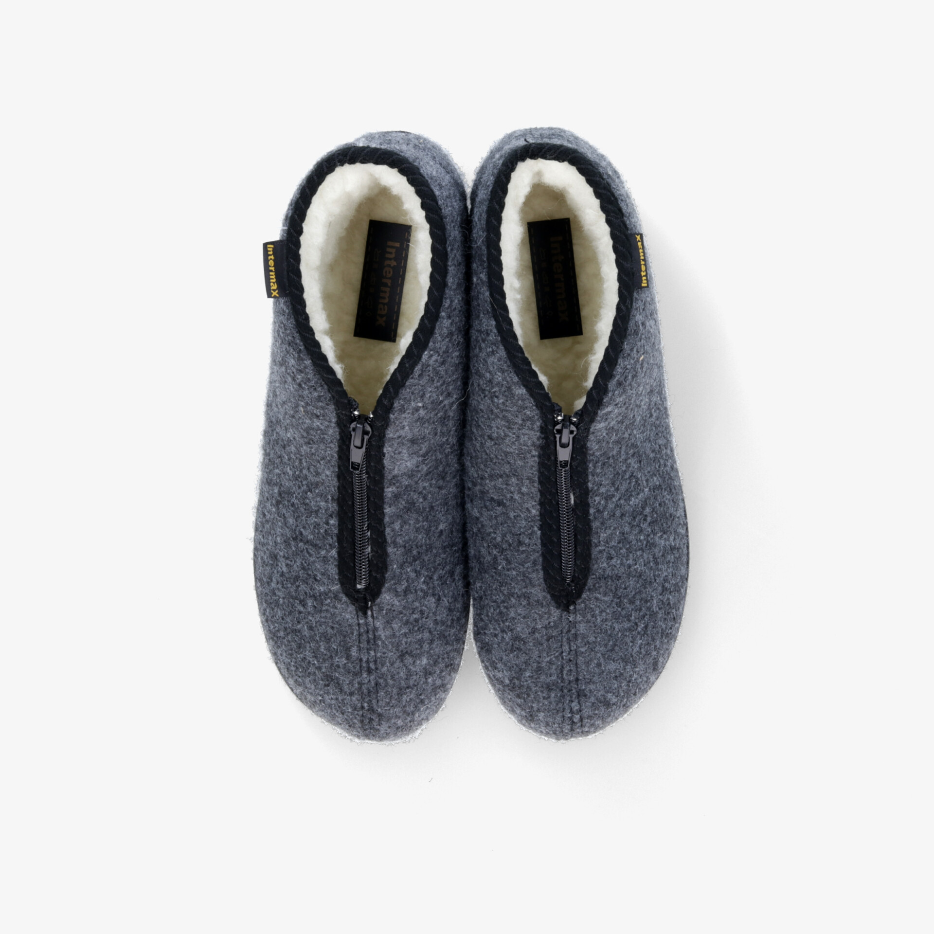 Bequeme Hausschuhe mit Reißverschluss und warmem Futter aus Filz in stilvollem Grau, Ansicht von oben