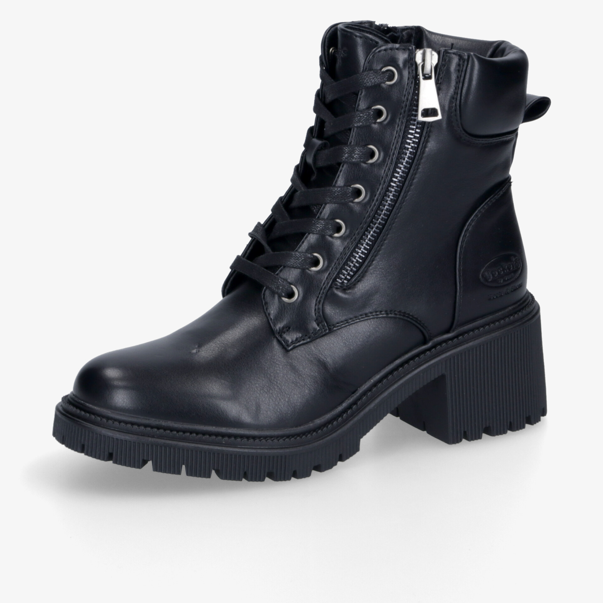 Schwarzer robuster Stiefel mit Reißverschluss und Schnürung, bequemem Absatz und rutschfester Sohle