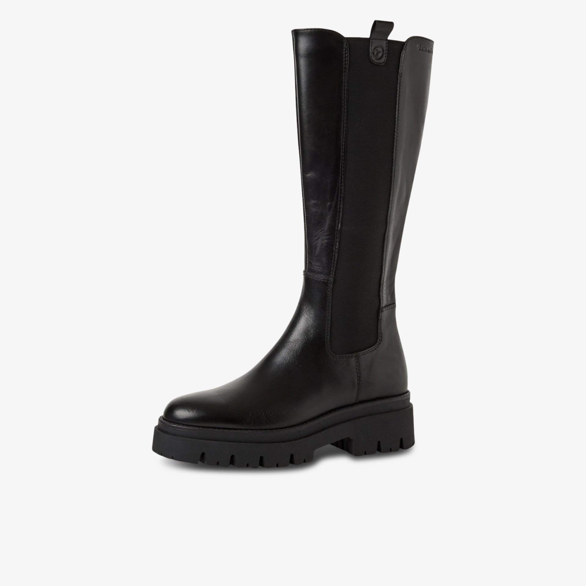 Schwarzer kniehoher Stiefel aus Leder mit robuster profilierter Laufsohle für stabilen Halt