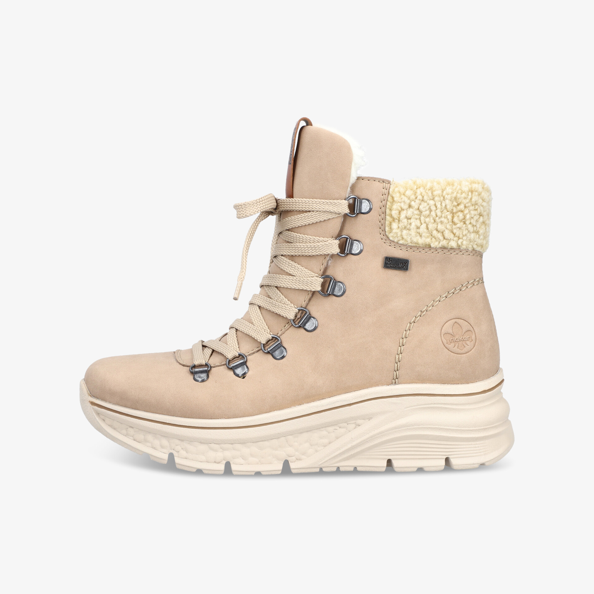 Beiger Winterstiefel seitliche Ansicht mit warmem Futter und robuster Profilsohle für komfortablen Halt
