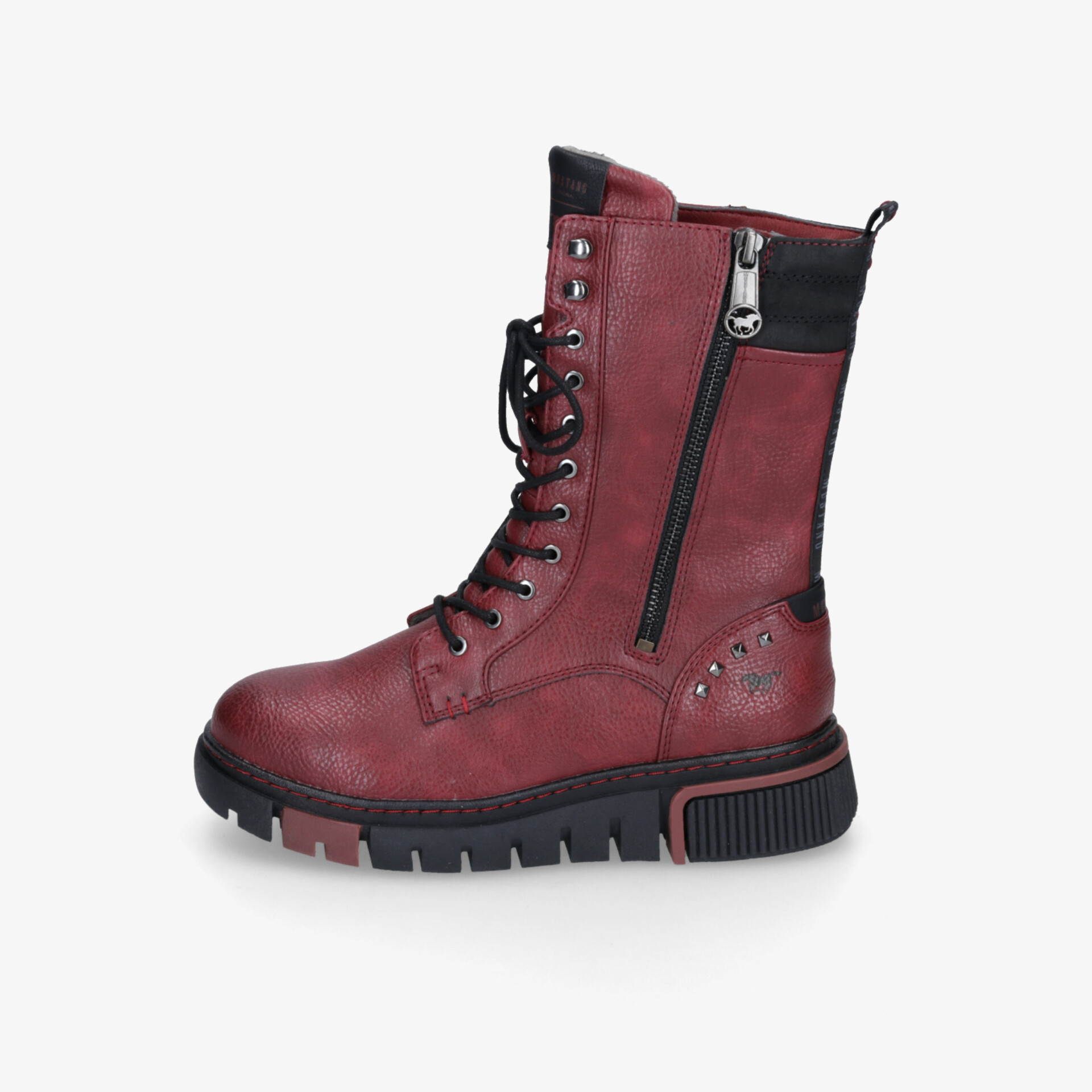 Robuster burgunderroter Stiefel mit hohem Schaft, Schnürung und Reißverschluss bietet Komfort und sicheren Halt