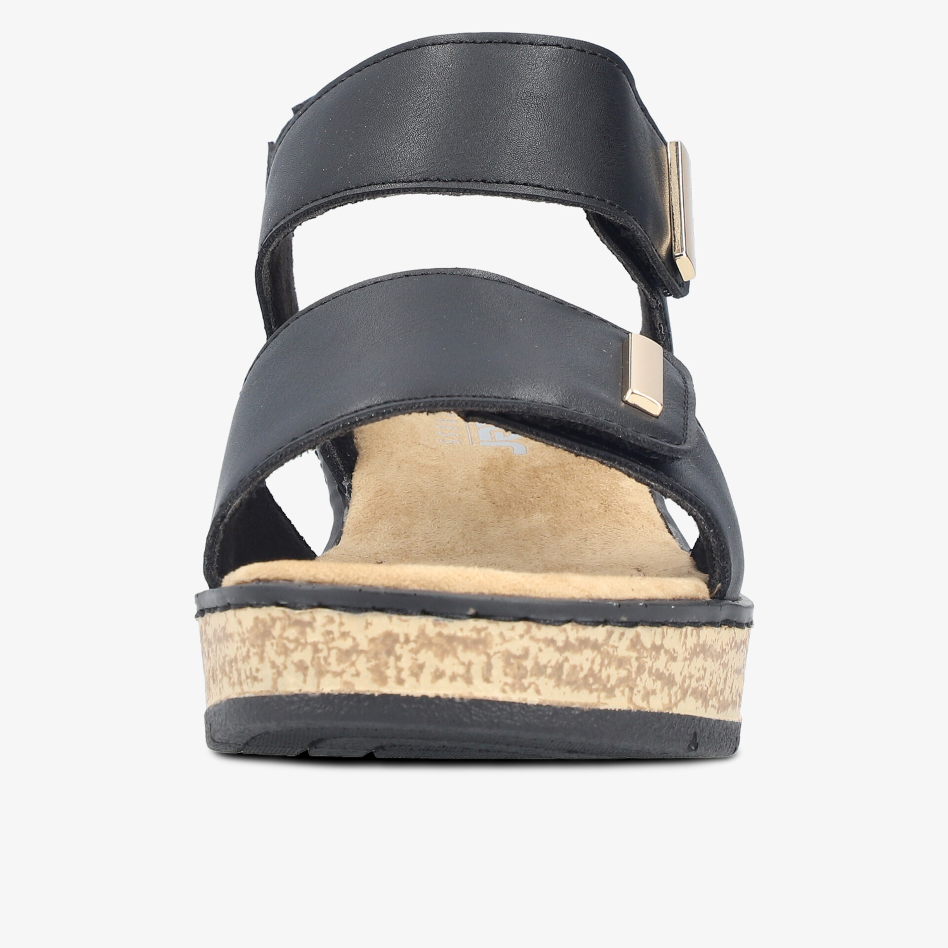Frontansicht schwarze Sandale mit verstellbaren Riemen und komfortablem Absatz