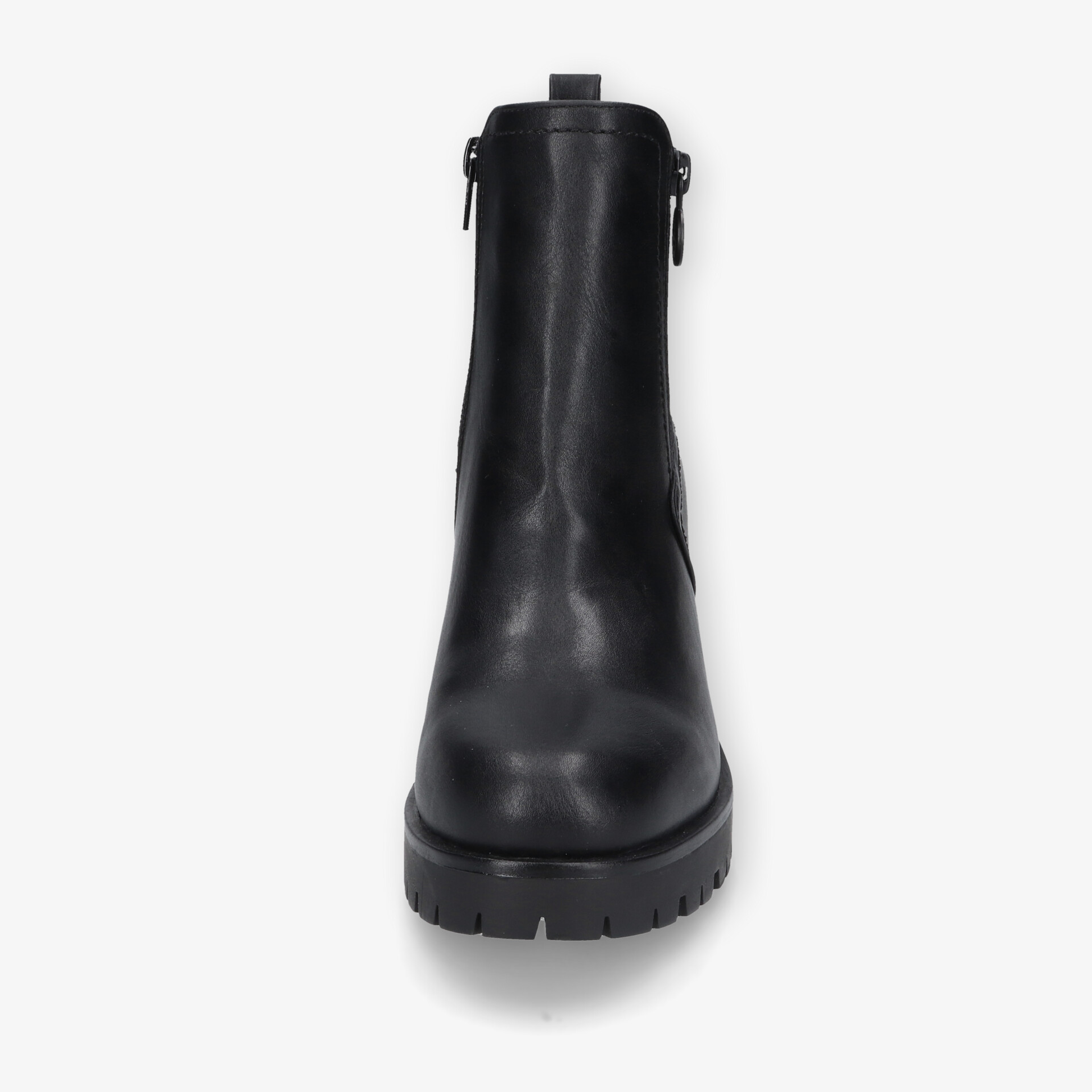 Schwarzer robuster Stiefel aus glattem Leder mit rutschfester Sohle und stabilem Reißverschluss, Frontansicht