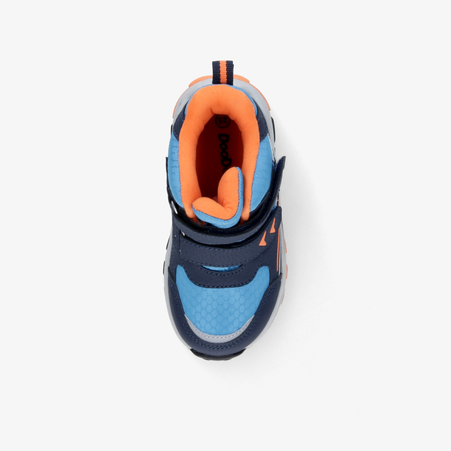 Blauer Sneaker mit gepolstertem Innenbereich und rutschfester Sohle, in bequemer Passform von oben aufgenommen