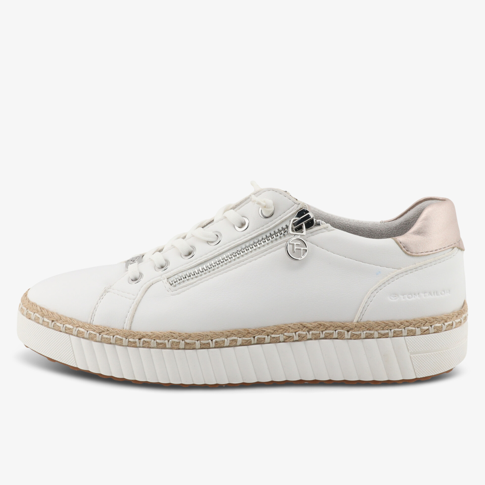 Moderner weißer Sneaker mit seitlichem Reißverschluss und dicker Sohle, komfortabel und stylisch