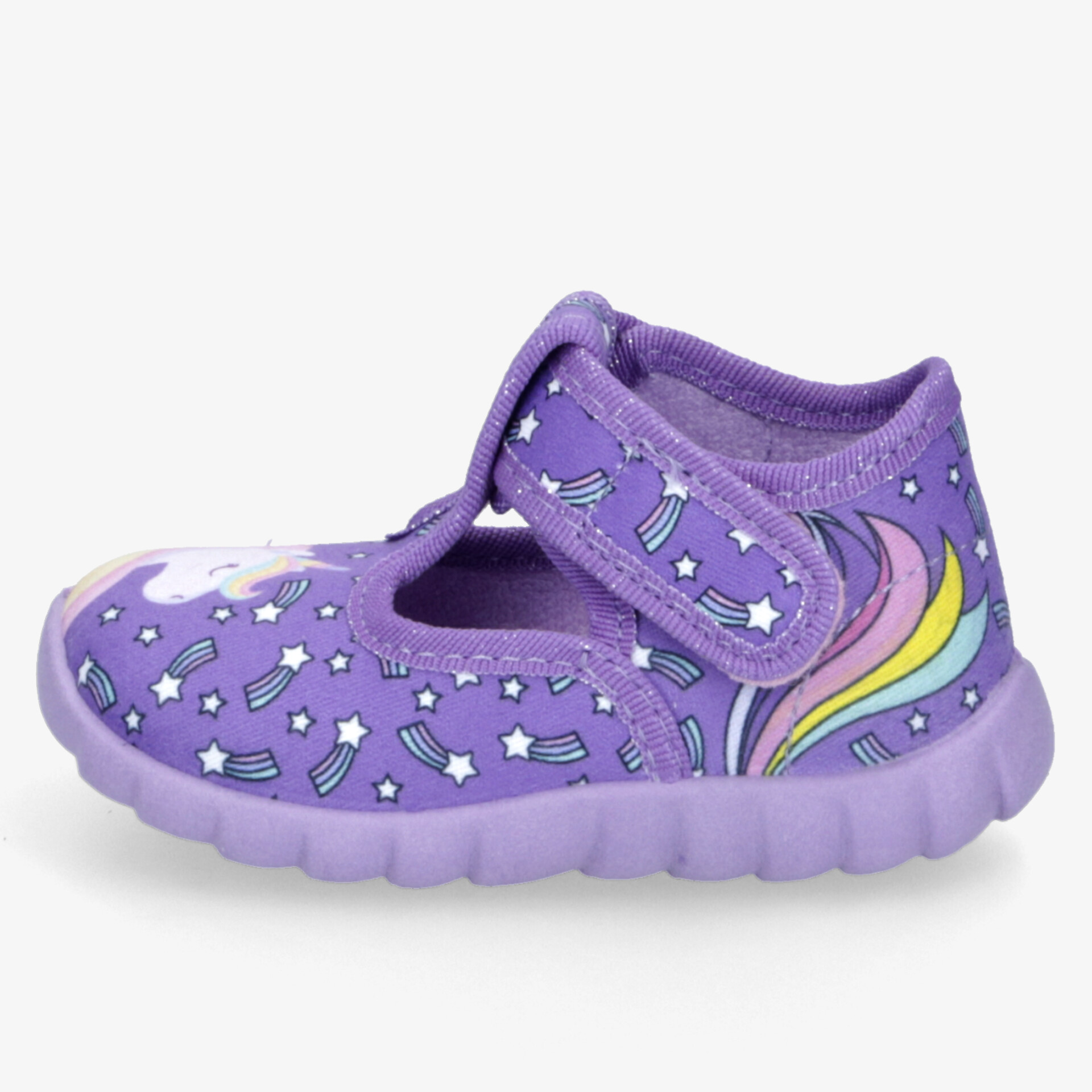 Leichter lila Kinderschuh mit Klettverschluss und bunten Einhornmotiven, flexible rutschfeste Sohle, bequemer Tragekomfort