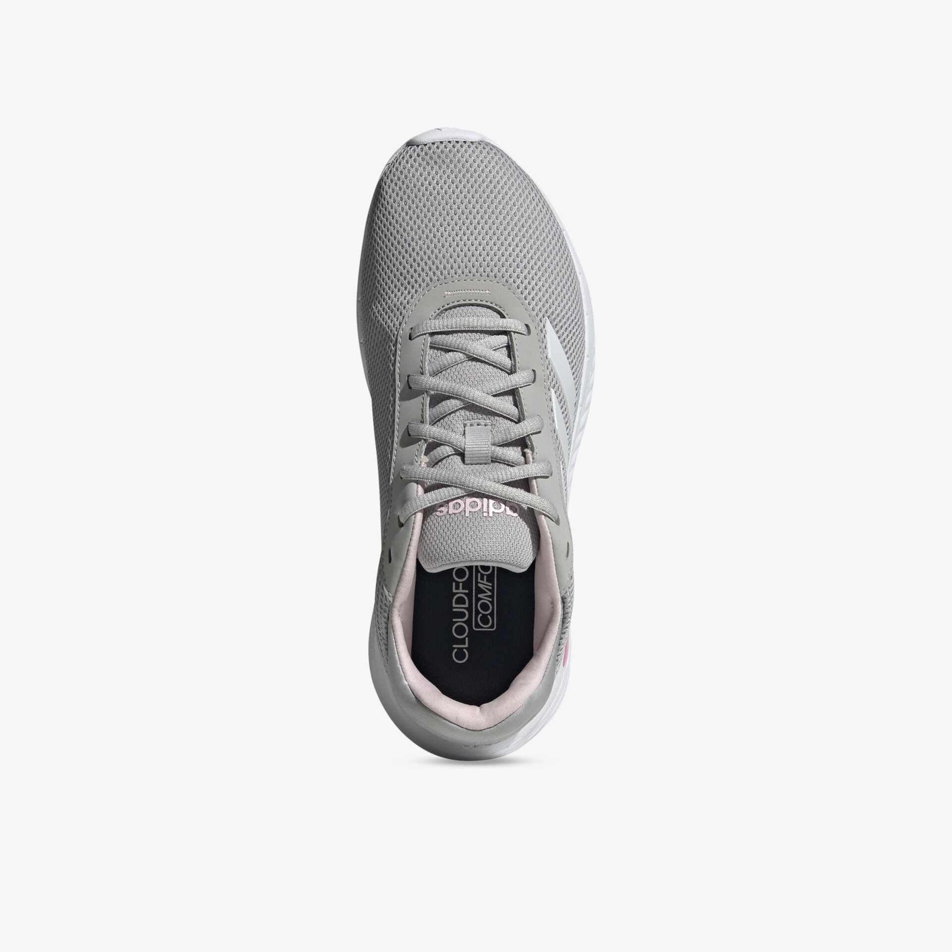 Leichter grauer Sportschuh mit atmungsaktivem Material und flexibler Sohle, Draufsicht auf Schnürung und Innenraum