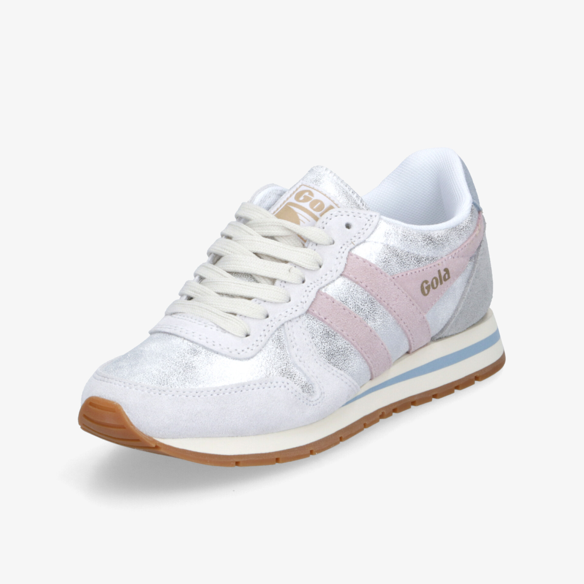 Weißer leichter Sneaker mit rosa Streifen und flexibler, rutschfester Sohle in schräger Vorderansicht
