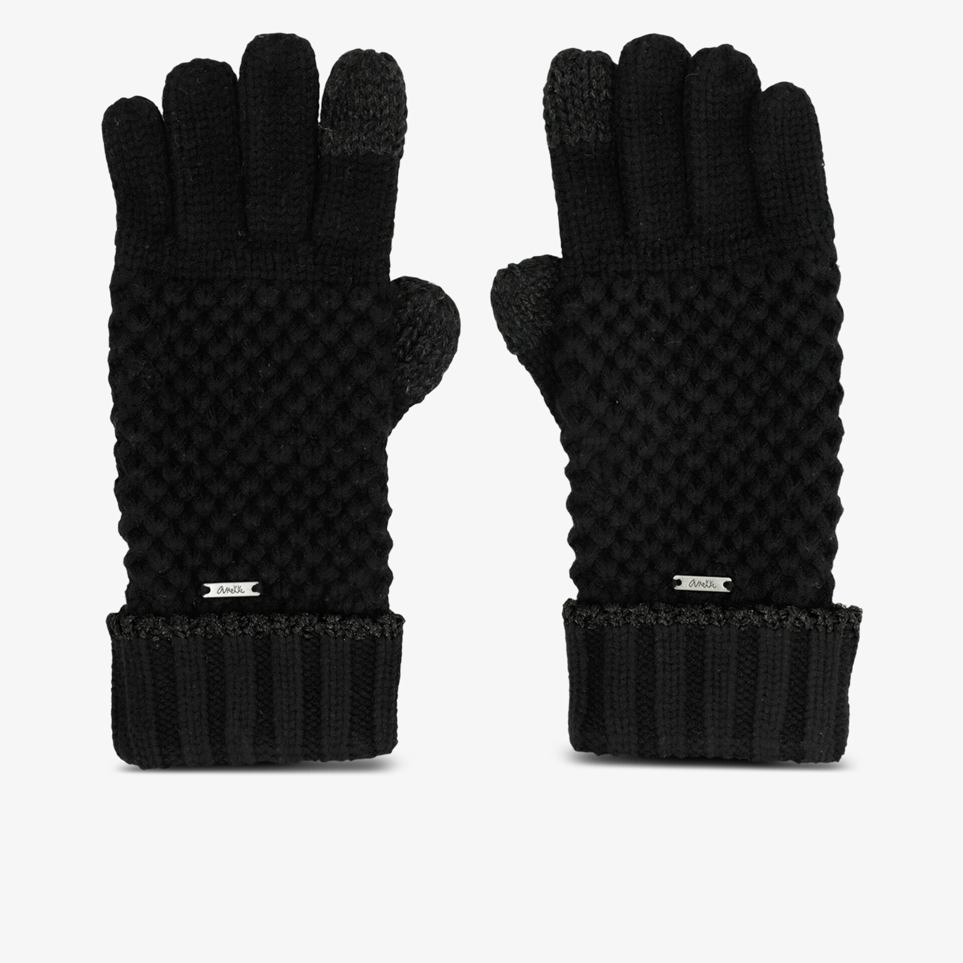 Schwarze, gestrickte Handschuhe mit strukturiertem Muster und geripptem Bündchen für optimalen Komfort