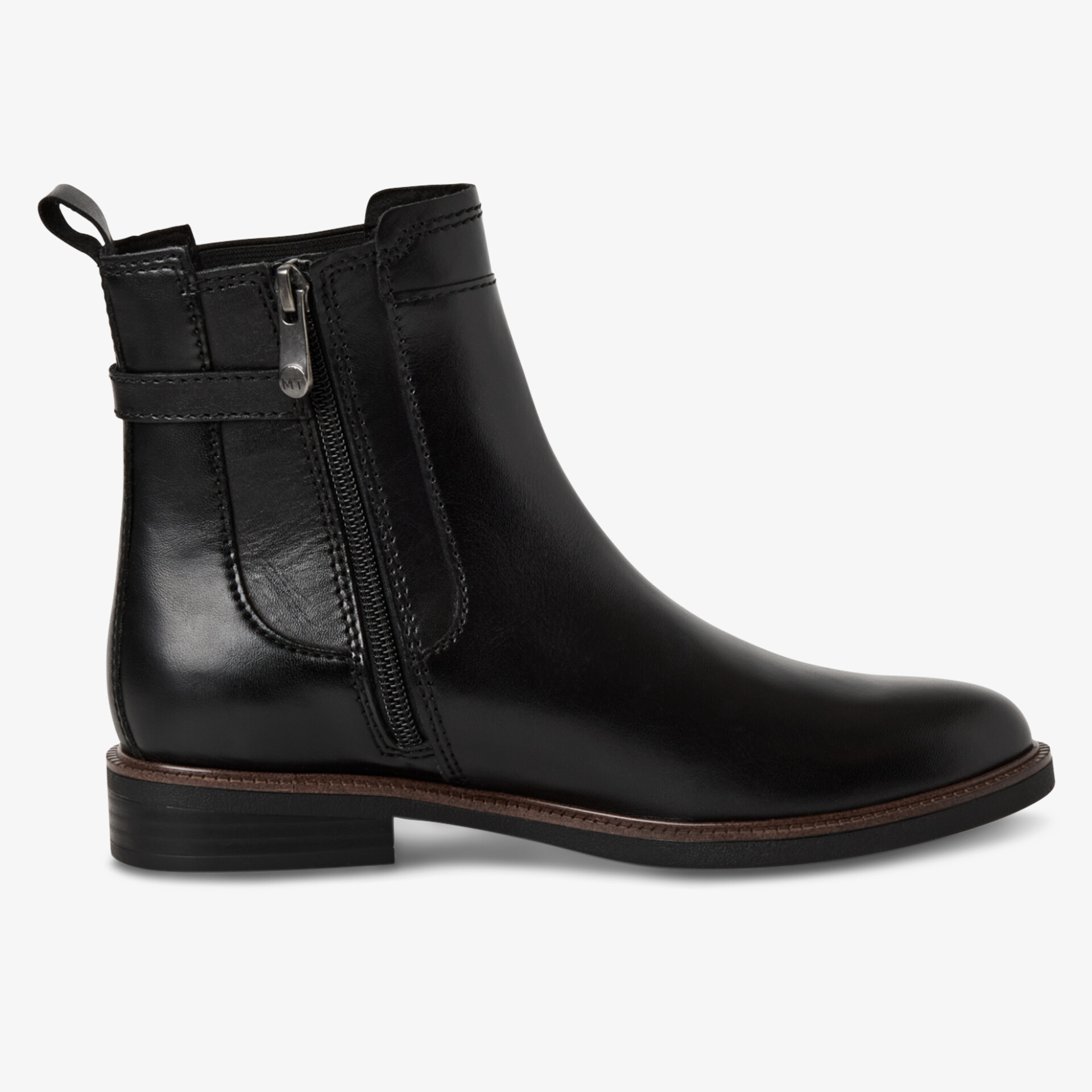 Seitliche Ansicht eines eleganten schwarzen Lederstiefels mit Reißverschluss und komfortabler Sohle