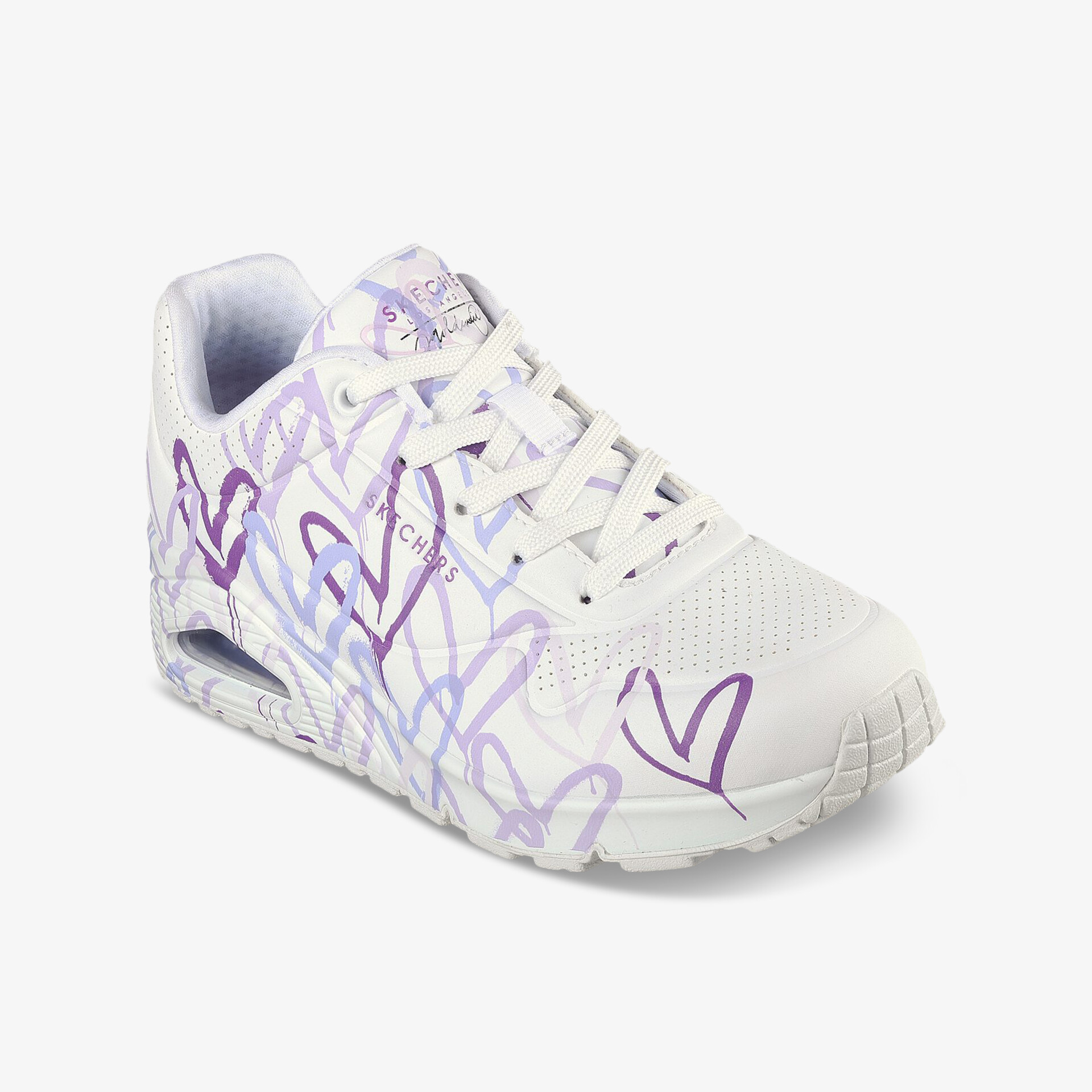 Weißer leichter Sneaker mit lila Herzmuster, gepolsterte Sohle und sportlichem Look, ideal für den Alltag