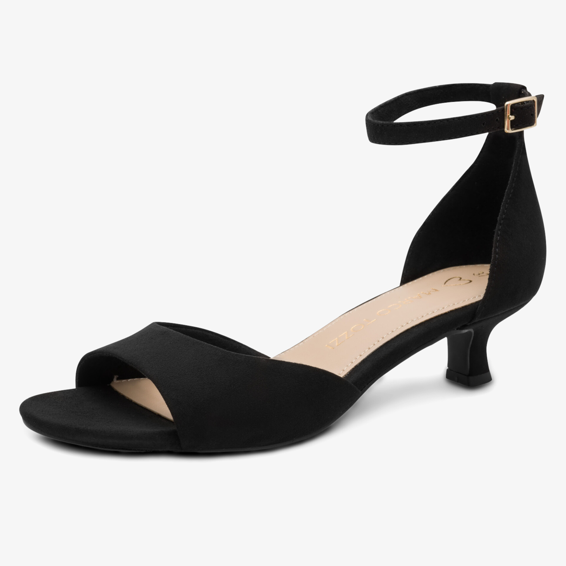 Elegante schwarze Sandalette mit niedrigem Absatz und verstellbarer goldener Schnalle, komfortabel und modisch