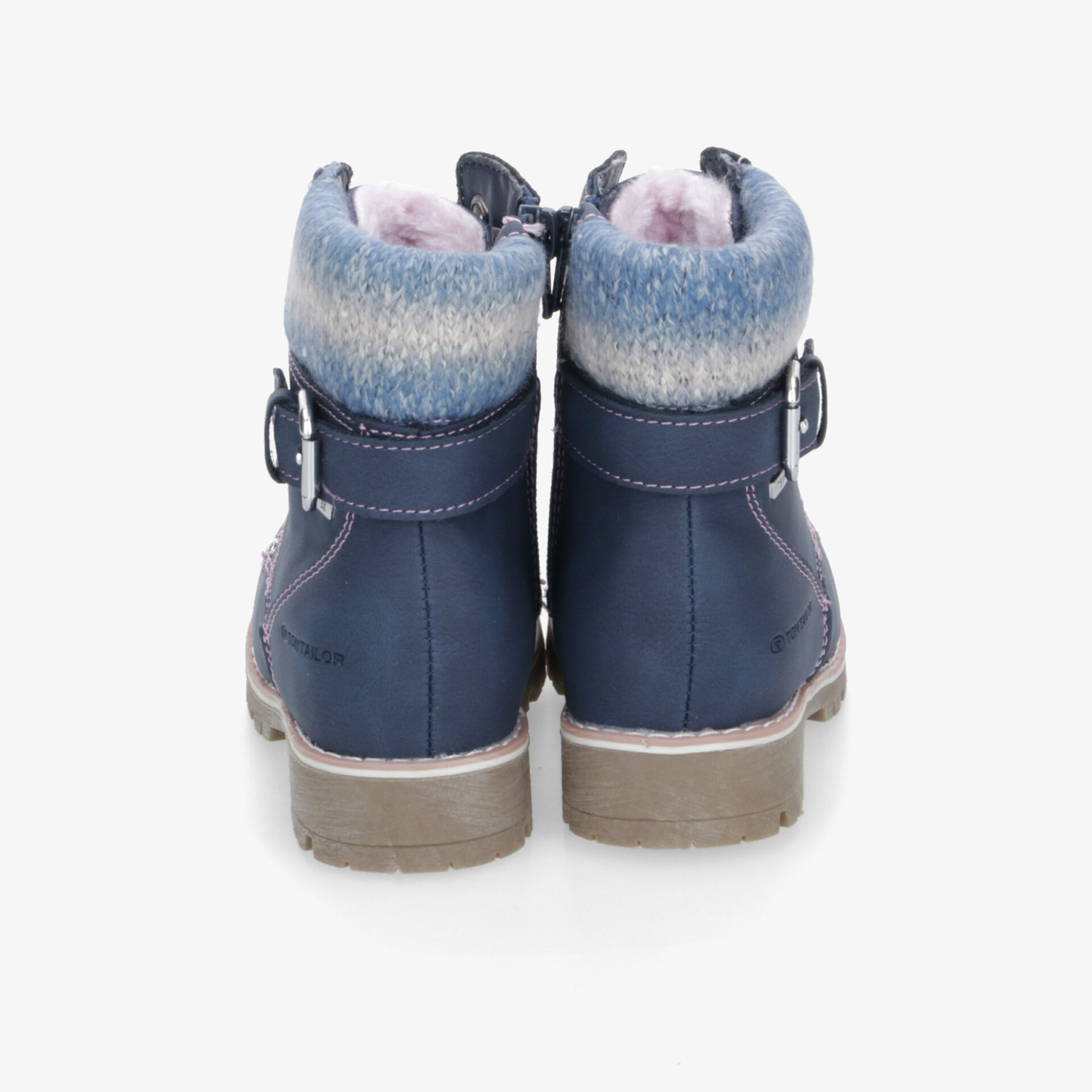 Robuste blaue Stiefel mit warmem, weichem Innenfutter und stabiler Sohle, hochwertige Verarbeitung in Rückansicht