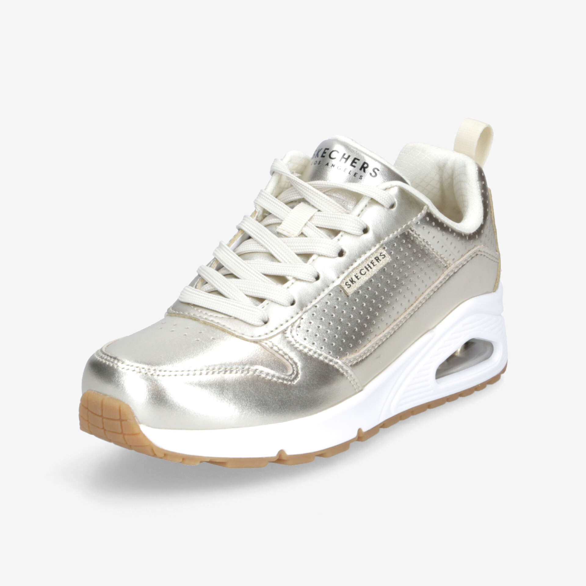 Sportlicher silberner Sneaker in schräger Frontansicht, leichtes Design mit stoßdämpfender Sohle und atmungsaktivem Material