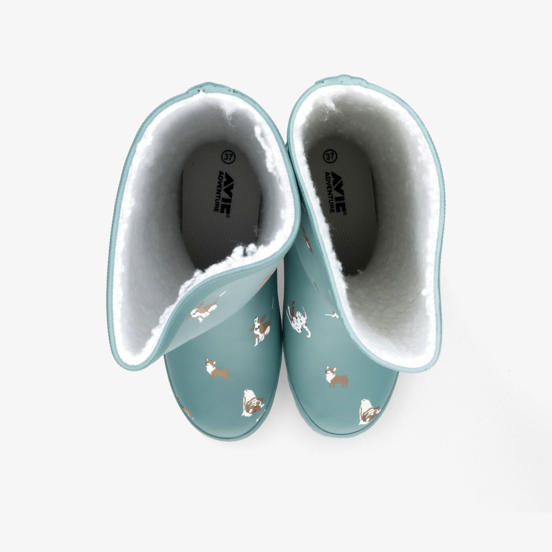 Bequeme türkisfarbene Hausschuhe mit weicher Fütterung und niedlichen aufgedruckten Motiven im Paar von oben