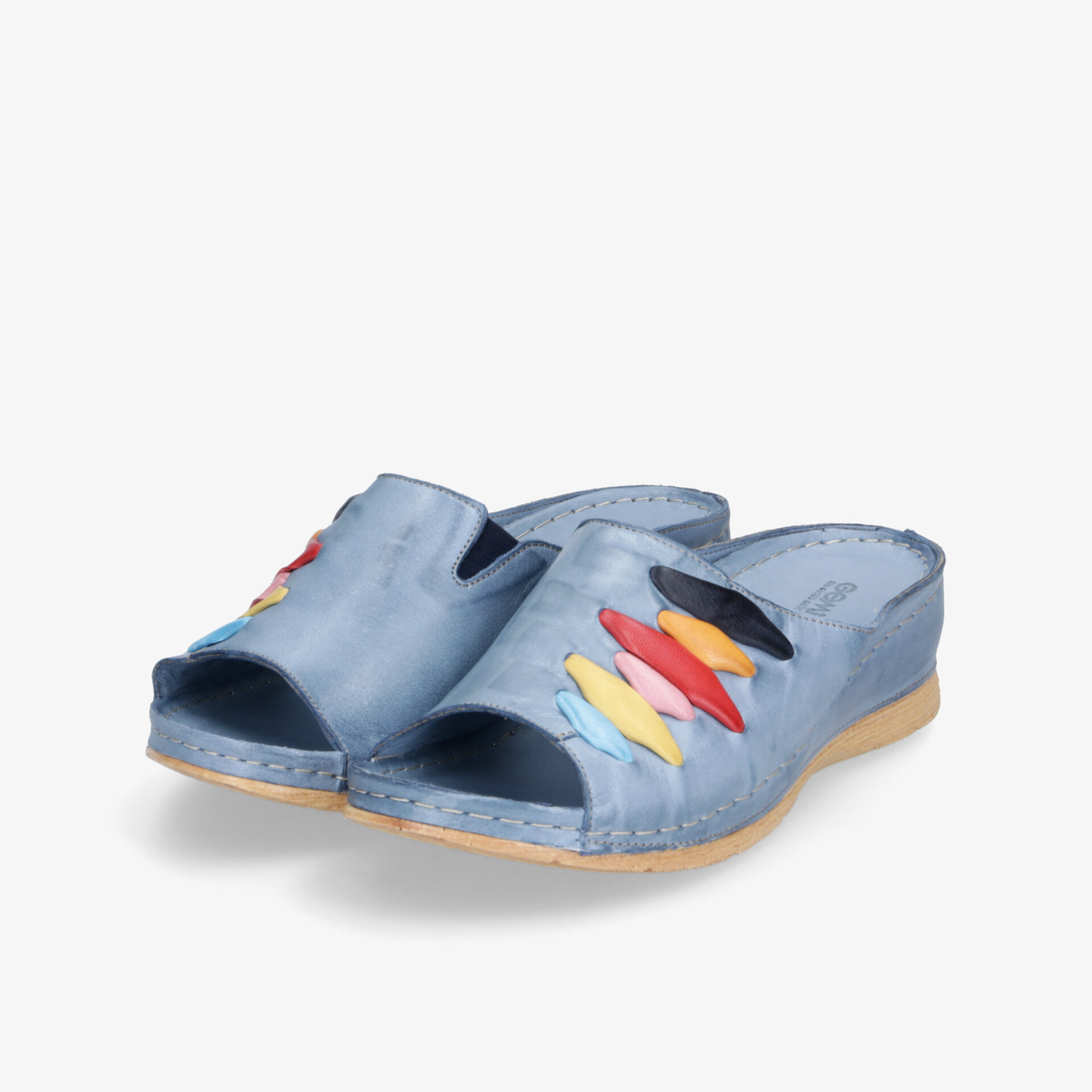 Bequeme blaue Pantoletten mit offenem Zehenbereich und farbenfrohen dekorativen Details, rutschfeste Sohle, leichter Tragekomfort
