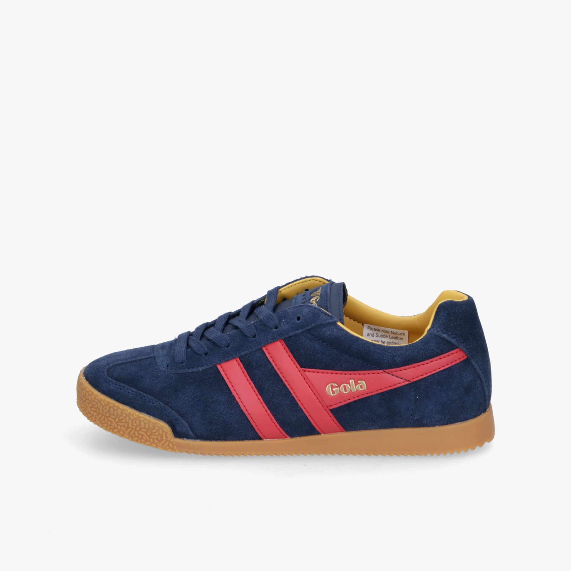 Dunkelblauer Sneaker mit roten Akzenten und flexibler brauner Sohle, sportlich und bequem
