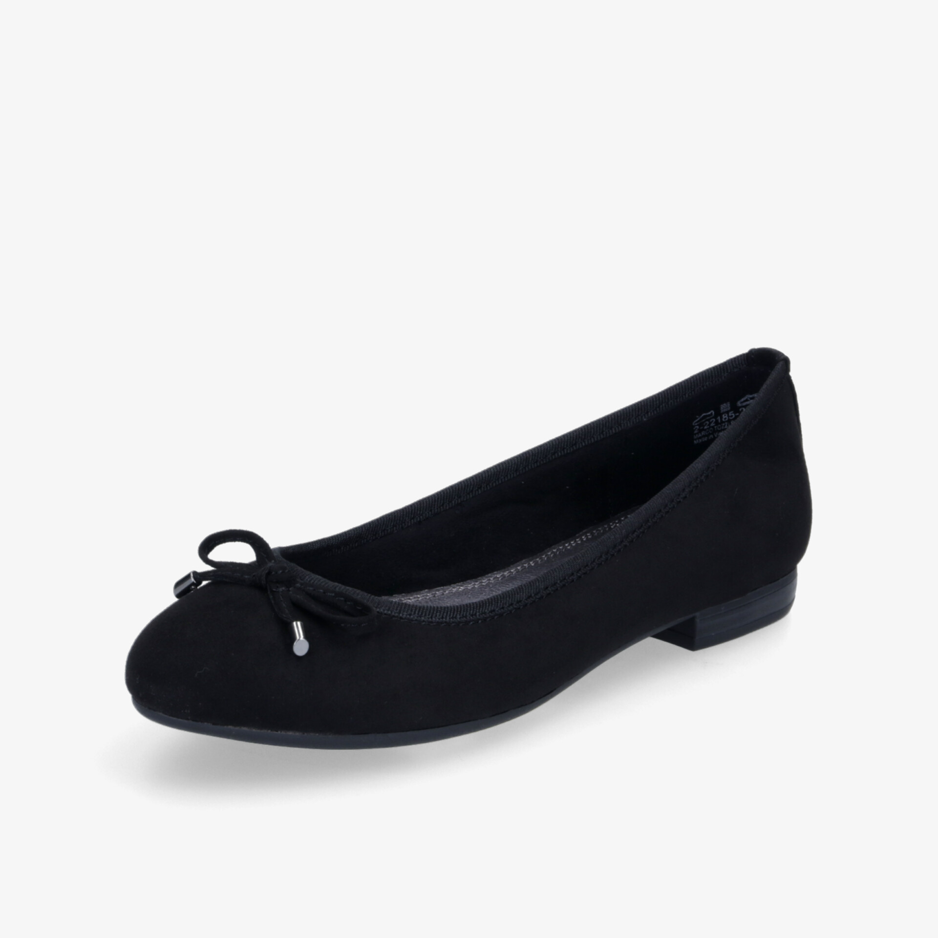 Eleganter schwarzer Ballerina-Schuh mit Schleifendetail und niedrigem Absatz, geeignet für jeden Anlass.