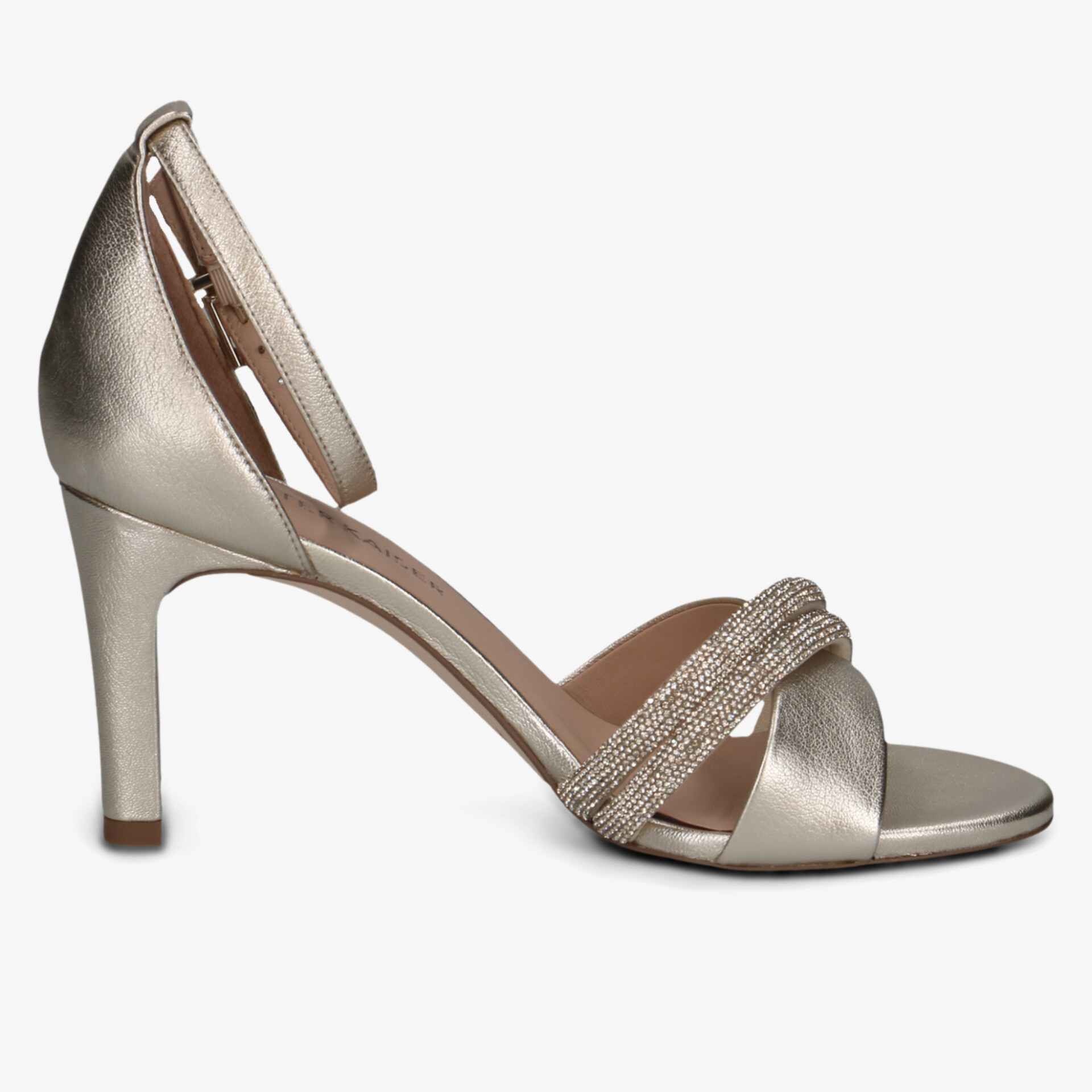 Eleganter Schuh mit hohem Absatz und glitzernden Querbändern, seitliche Ansicht, offen und modisch