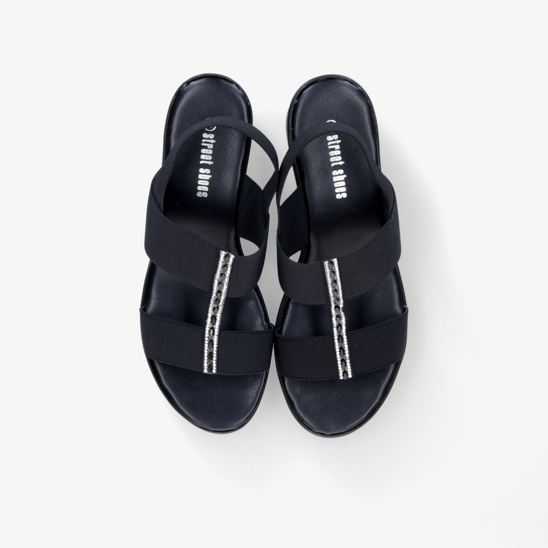 Schwarze bequeme Sandalen mit elastischen Bändern und rutschfester Sohle, ideal für komfortables Tragen