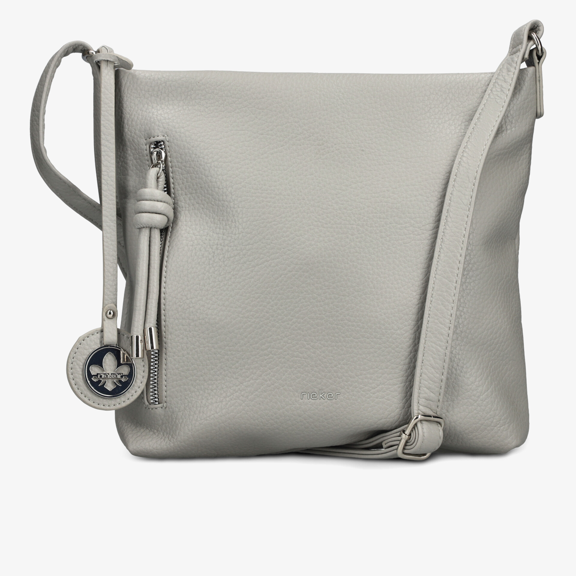 Elegante graue Umhängetasche aus weichem Material mit verstellbarem Schulterriemen und dekorativer Quaste