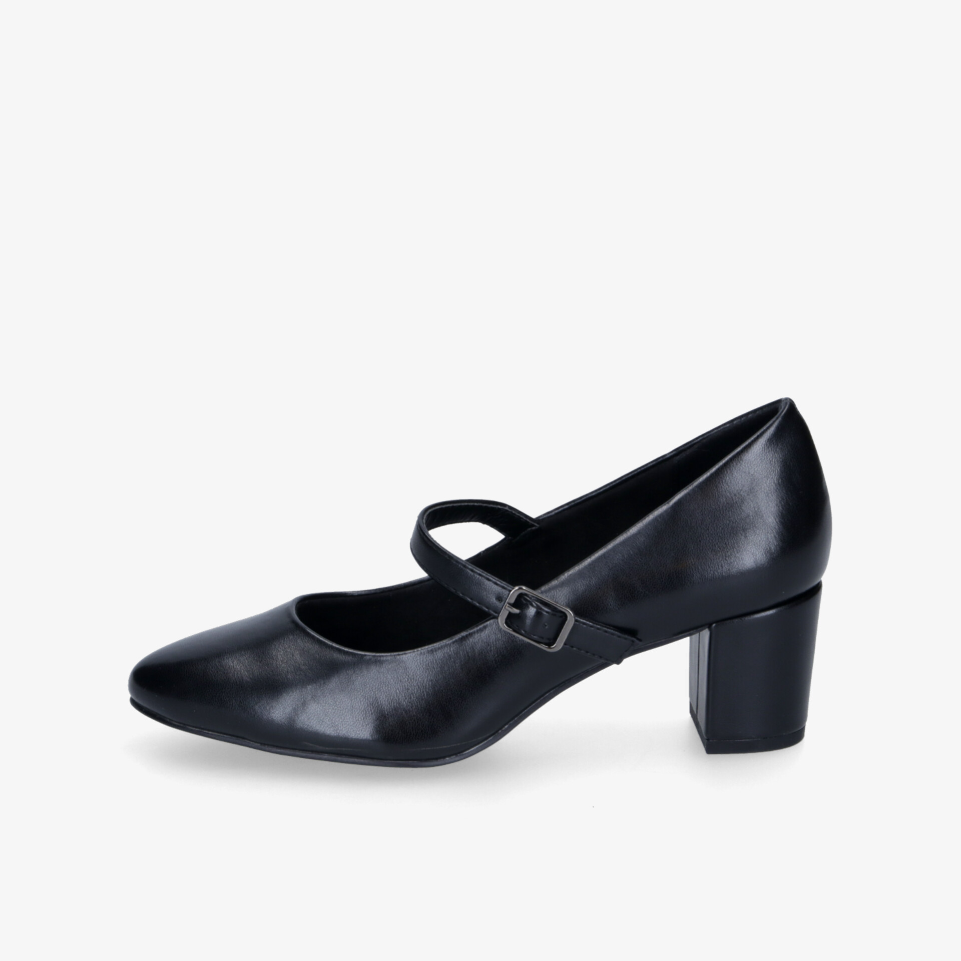 Eleganter schwarzer Pumps mit mittelhohem Blockabsatz und verstellbarem Riemen, bequem und stilvoll für jeden Anlass