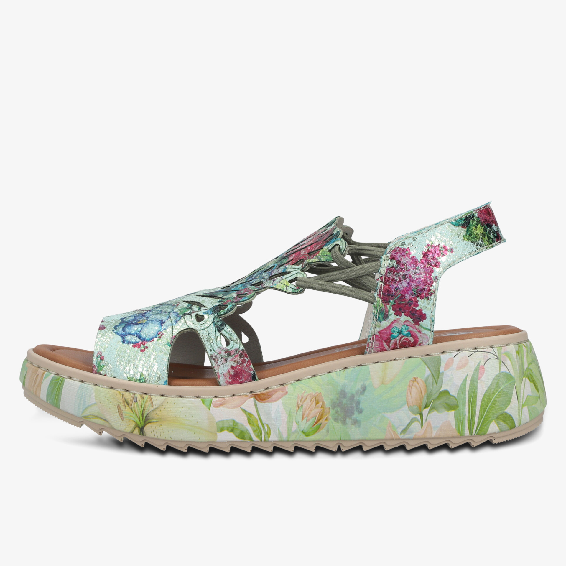 Farbenfrohe Sandale mit Blumenmuster, bequeme gepolsterte Sohle und offenem Design für den Sommer
