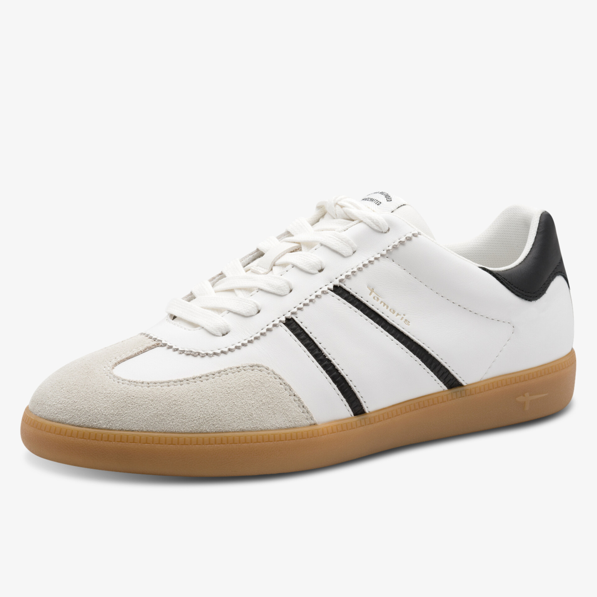 Weißer Sneaker mit schwarzem Streifen und brauner Gummisohle, elegant und bequem für Alltag und Sport