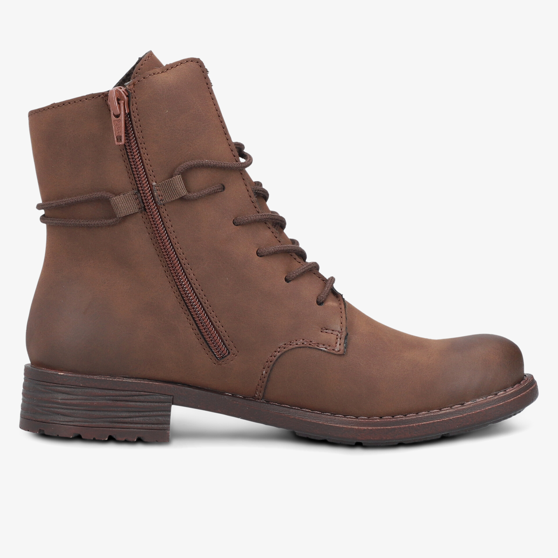 Seitlich sichtbarer brauner Stiefel mit Reißverschluss und Schnürung, flacher Absatz