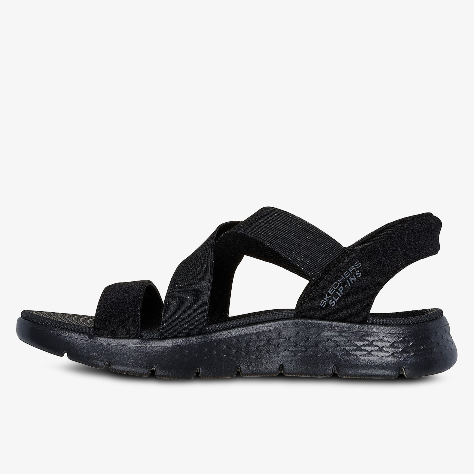 Bequeme schwarze Sandale mit elastischen Riemen und rutschfester Sohle.