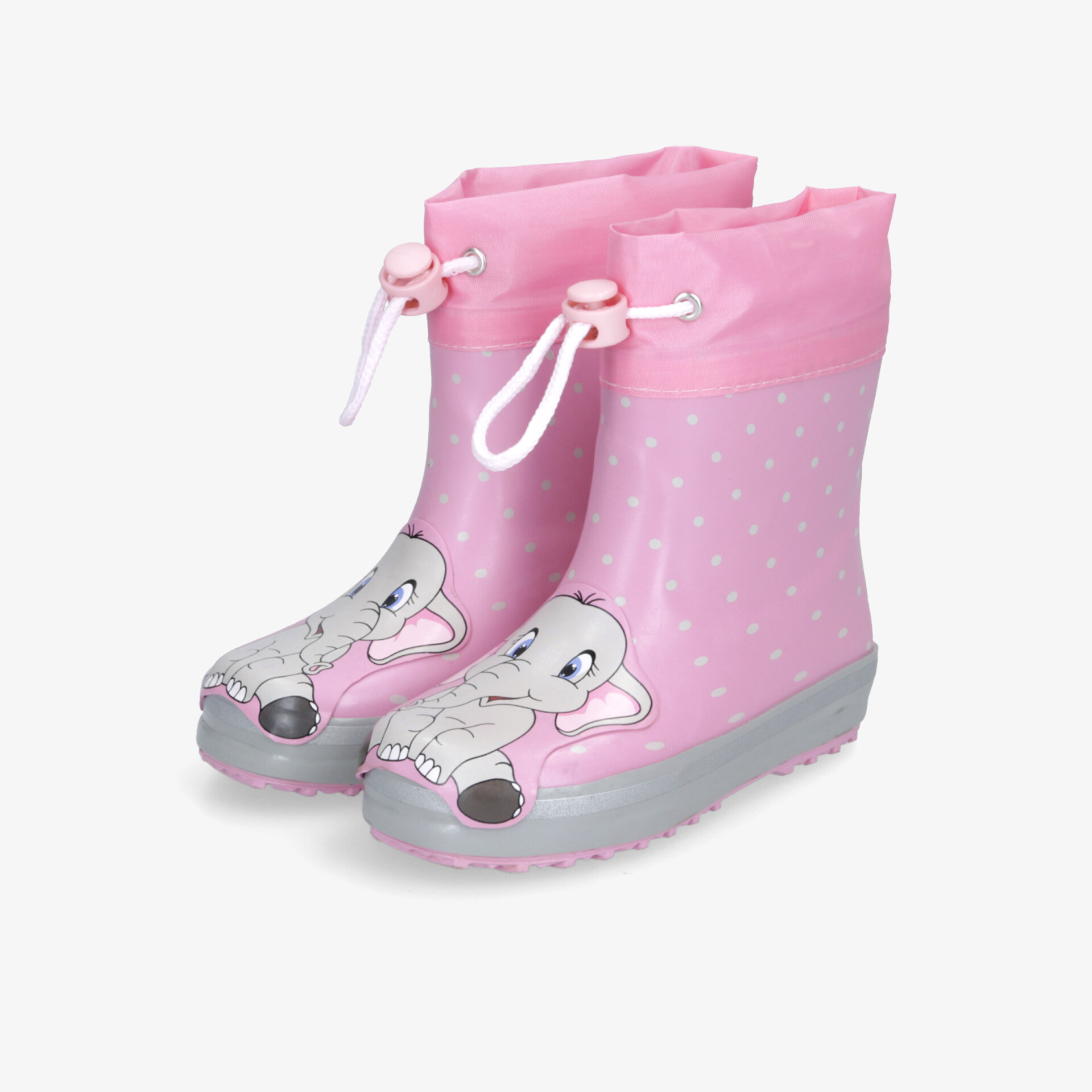 Robuste pinke Gummistiefel mit niedlichem Elefantenmotiv und rutschfester Sohle, ideal für Regenwetter.