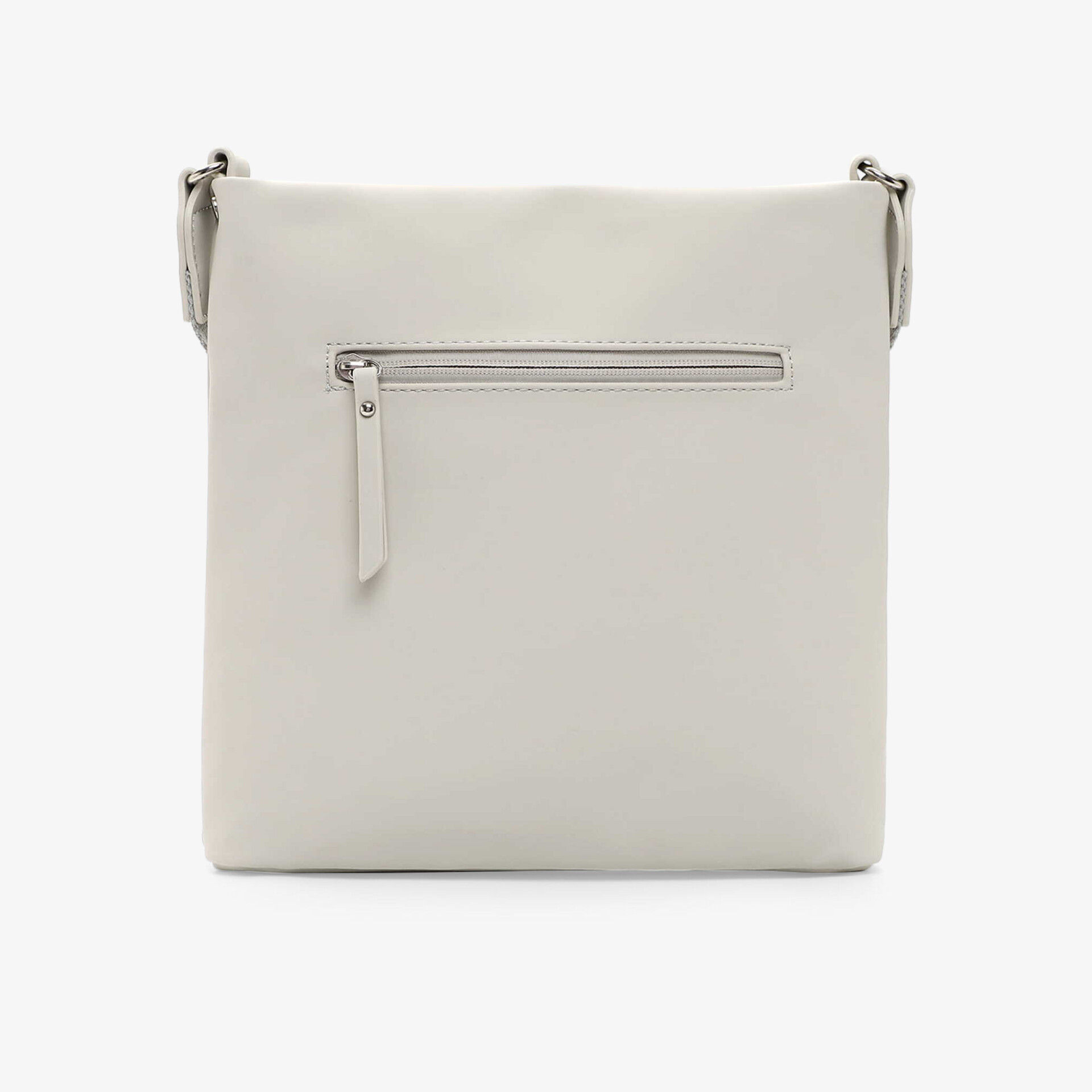 Elegante weiße Tasche mit glatter Oberfläche und praktischem Reißverschlussfach in schlankem, modernem Design vorne sichtbar